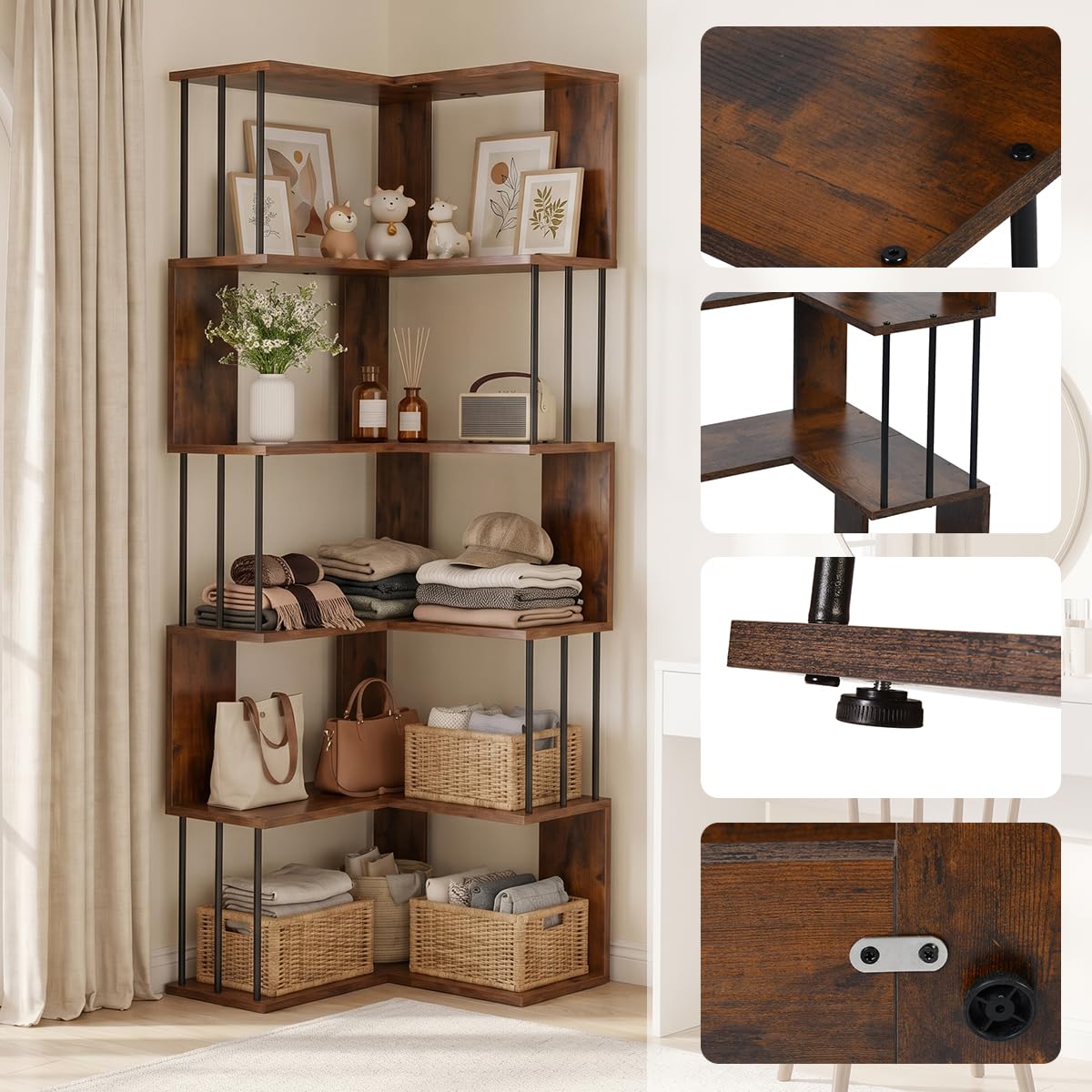 EGGREE Estantería Esquina L 5 estantes 160x54x54cm | Tableros MDF y estructura metálica negra, librería abierta para salón oficina dormitorio, vintage marrón