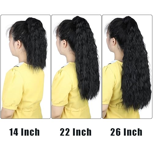 Miniatura 6 de Stamped Glorious Long Corn Wave Ponytail Extension Magic Paste Heat Resistant Wavy Synthetic Wrap Around Ponytail Black Hairpiece for Women (26