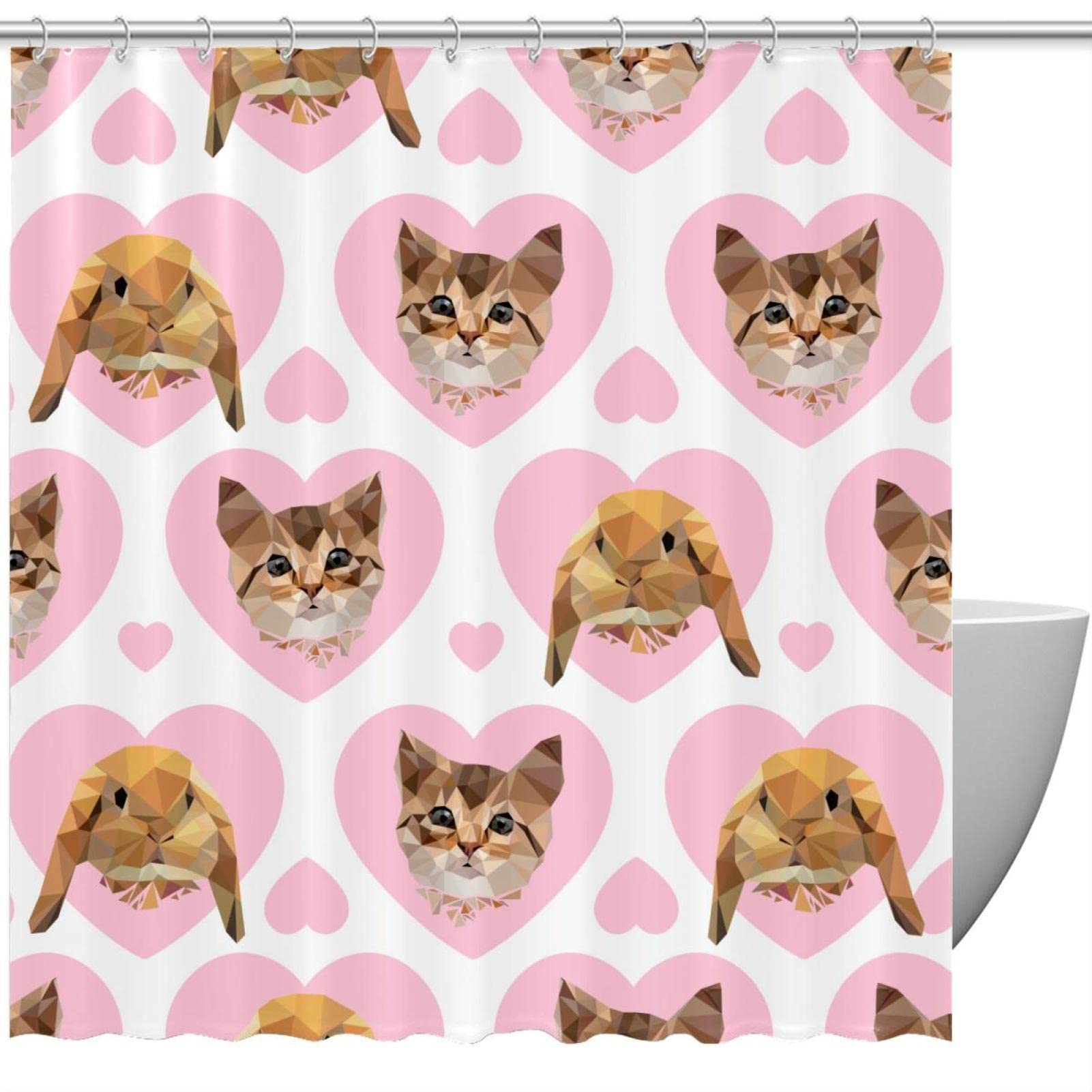Rideau de douche chat rose 168x183cm imperméable avec 12 crochets