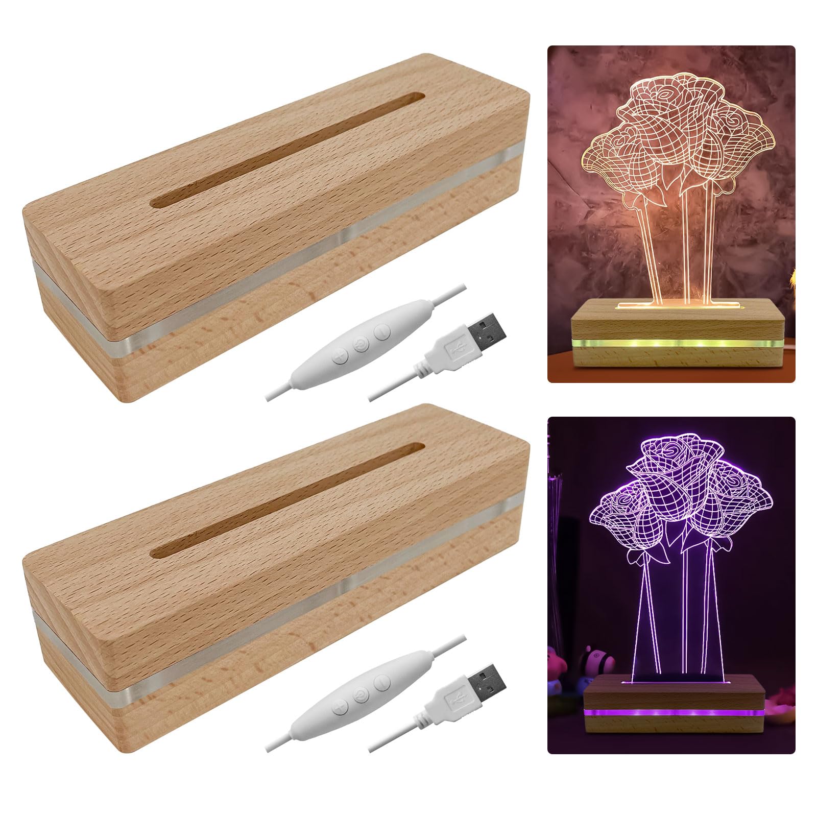 LED Lichter Display Basis, 2 Stück Rechteckiger 15 cm Holz Display Ständer, LED Leuchten Display Sockel Holzaufsteller für 5 mm Acrylglas Spaneel Tischdisplay (mehrfarbiges Licht)