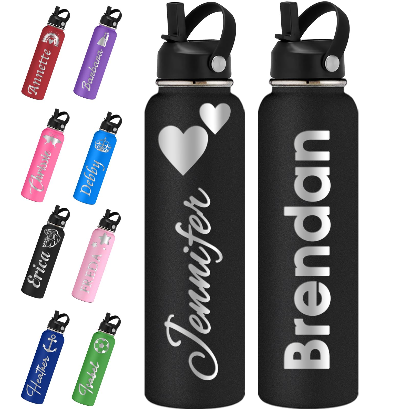 Personalized Water Bottles with Straw Lid 24/32/40oz Custom Engraved Name Logo Stainless Steel Insulated Bottles Customized Gift for School Sport Gym