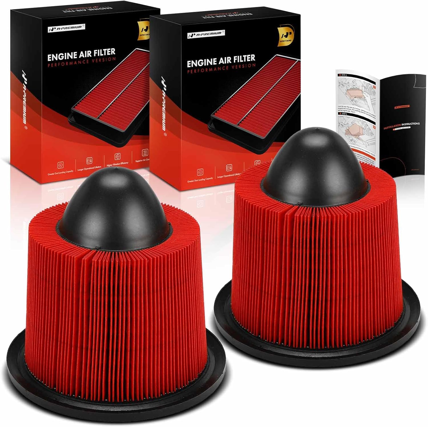 A-Premium 2-PC Pre-oiled Engine Air Filter Compatible with Ford F-150, F-250, F-150 Heritage, F-250 F-350 F-450 Super Duty, Mustang, Expedition & Lincoln Navigator, Continental