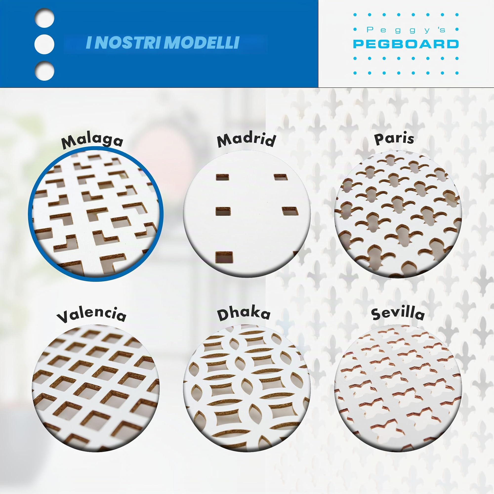 PEGBOARD - Malaga parete forata 122x61x0,3 cm, pannello MDF laccato bianco - Made in Germany - Rivestimento termosifone, porta, paravento o griglia di ventilazione