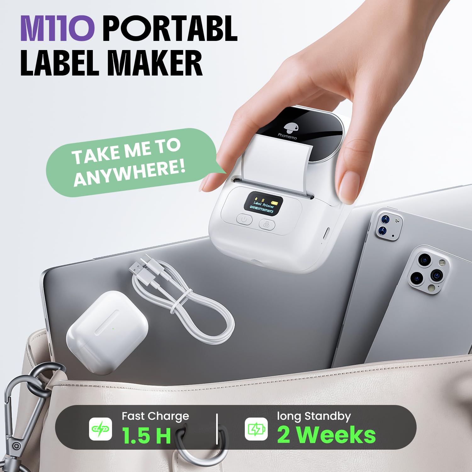 Phomemo M110 Étiqueteuse Bluetooth Imprimante d'étiquettes Autocollante Portable Etiqueteuse Thermique, Convient pour Bureau, Transport, Boutique, Code à Barres,Compatible avec Android et iOS - Blanc