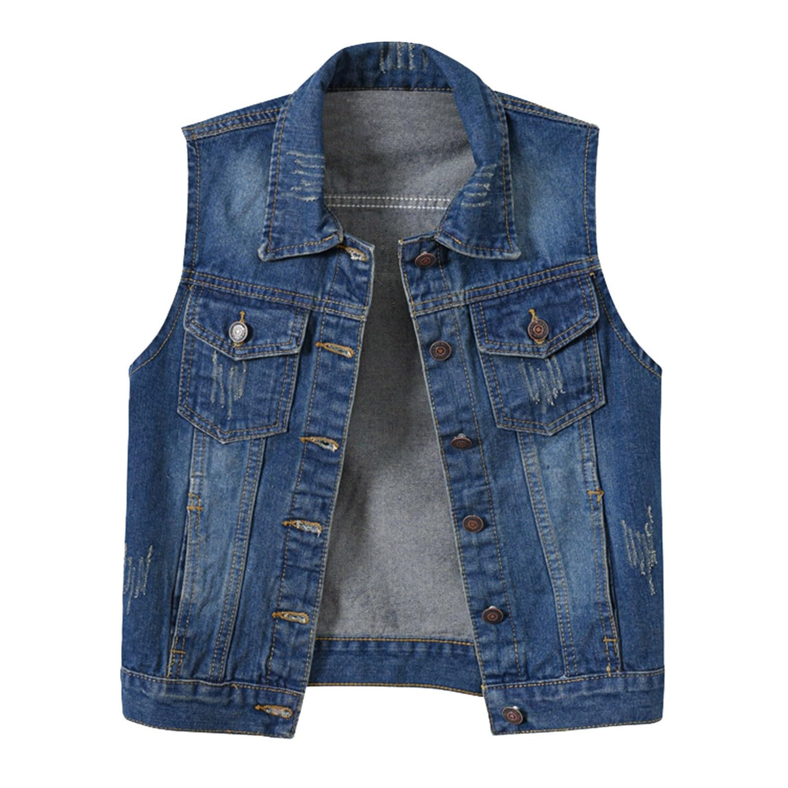 Chaleco vaquero sin mangas para mujer, chaqueta vaquera para otoño e invierno, efecto de lavado, botón hacia abajo, chaleco azul oscuro, chaqueta vaquera, chaqueta vaquera, chaqueta vaquera,