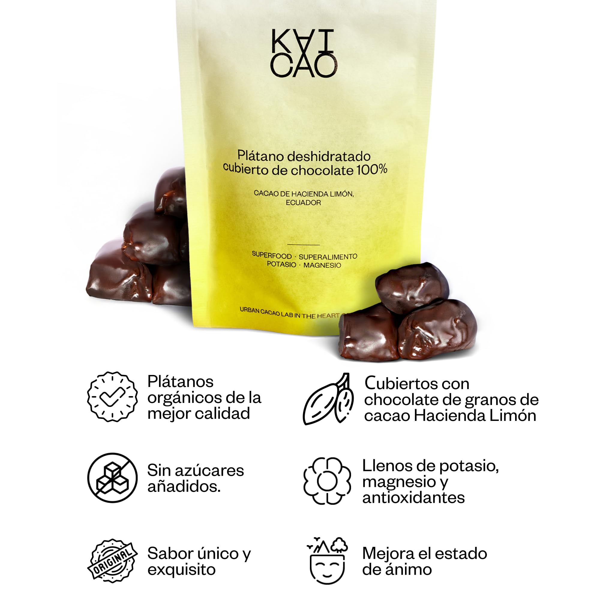 Kaicao Barritas Energéticas de Plátanos Deshidratados Cubiertos de Chocolate Negro 100% Puro - Sin Azúcar Añadida, Sin Gluten, Sin Lactosa, Vegano - Snacks Saludables de Cacao Hacienda Limón, Ecuador