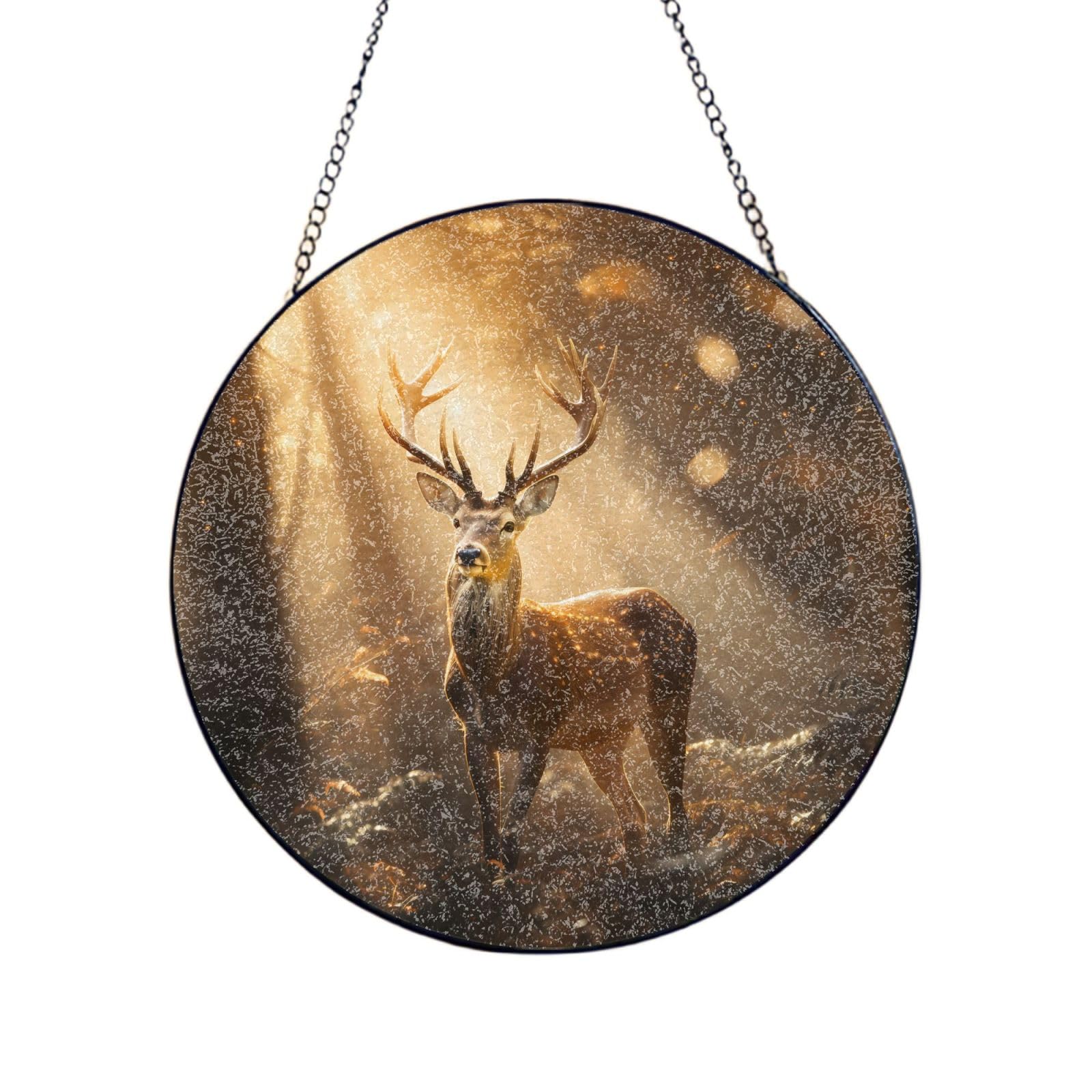 Phayah Glowing Deer Print Stained Glass Window Hanging Suncatcher For Door Terrace Garden Home Decor Sun Catcher Birthday Gifts For Lovers Dad Mom 10in（25cm）