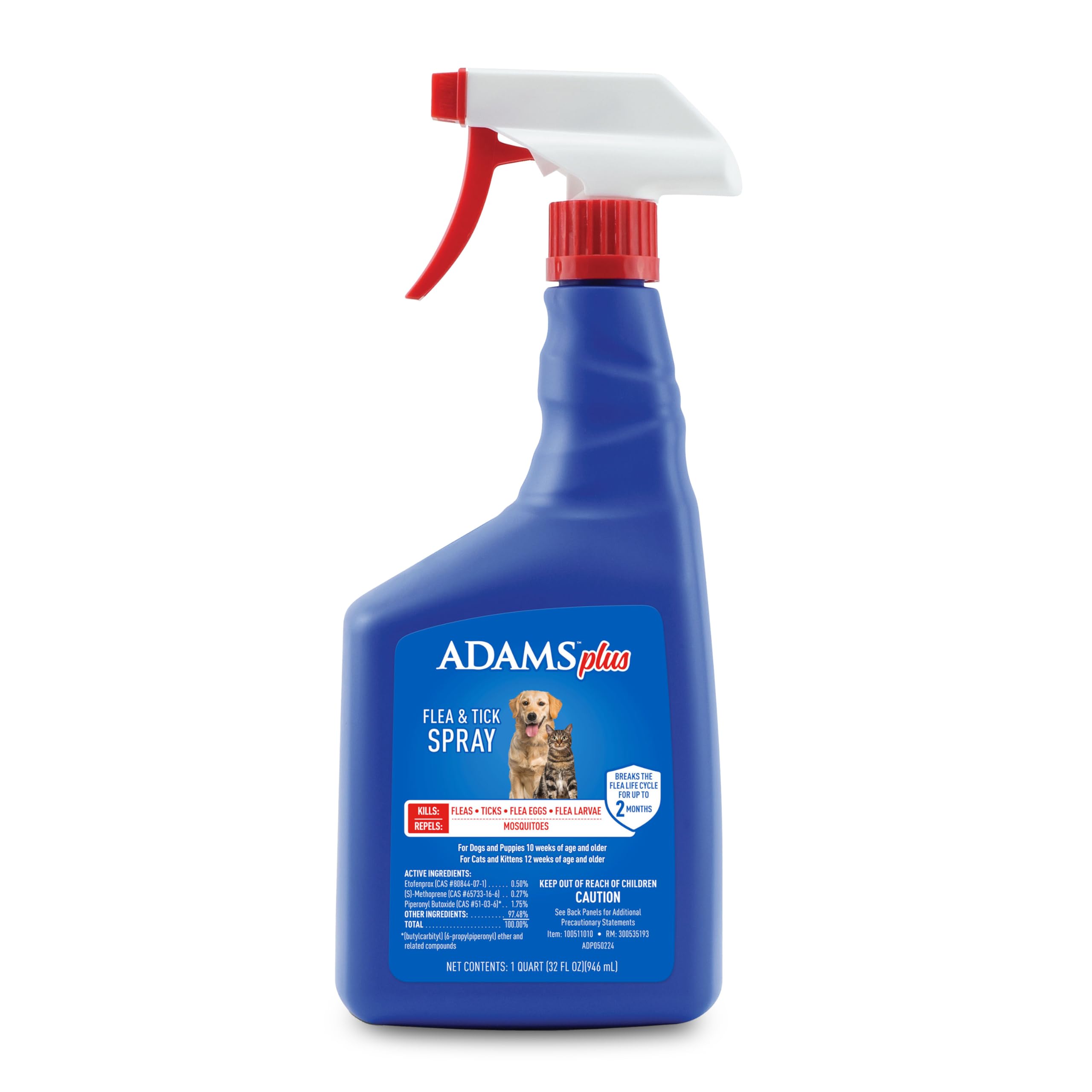 ADAMS Plus Flea and Tick Spray for Dogs &amp; Cats, Kills Fleas and Ticks, Repels Mosquitoes, Prevents Infestations up to 2 Months, Treatment for Dogs, Cats, Puppies &amp; Kittens, 32 Fl Oz