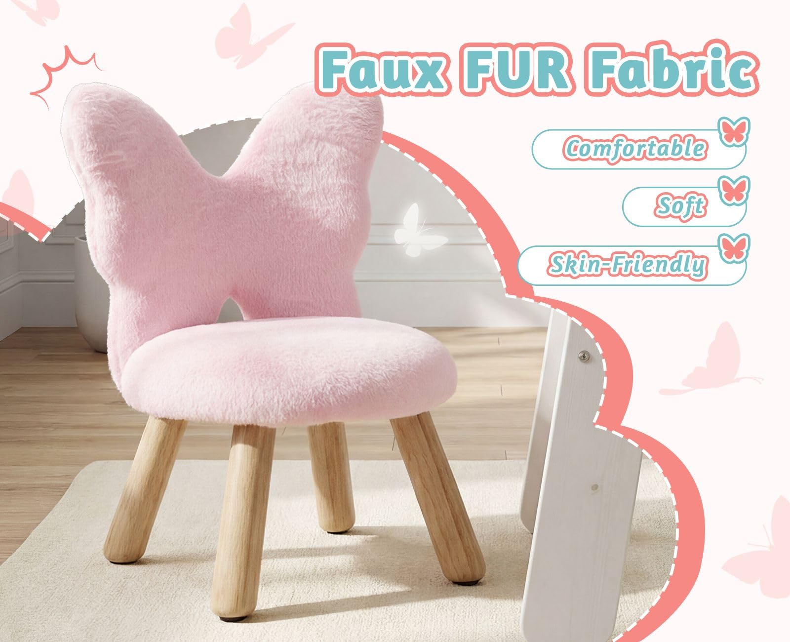 chairus Poltroncina per Bambini con Schienale a Forma di Farfalla Poltrone per Camerette in Pelliccia Sintetica Divanetto Bambini in Legno per Soggiorno/Camerette/Regalo, Rosa