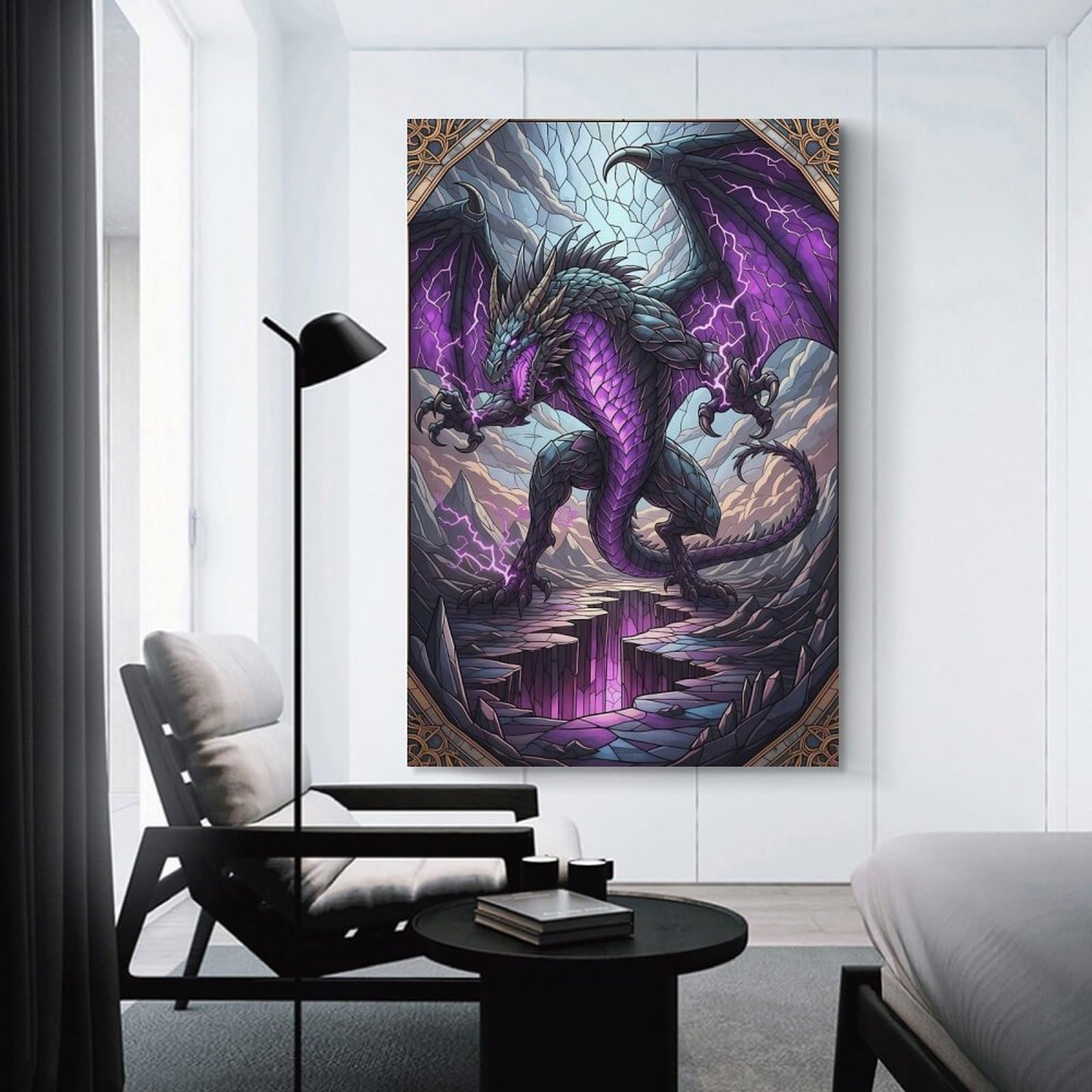 Junmoney Purple Lightning Dragon Stained Glass Wall Picture Print 12x18inch(30x45cm), for Lounge Decor, Offices Or Entryway Styling, Versatile Wall Decor for Many Rooms