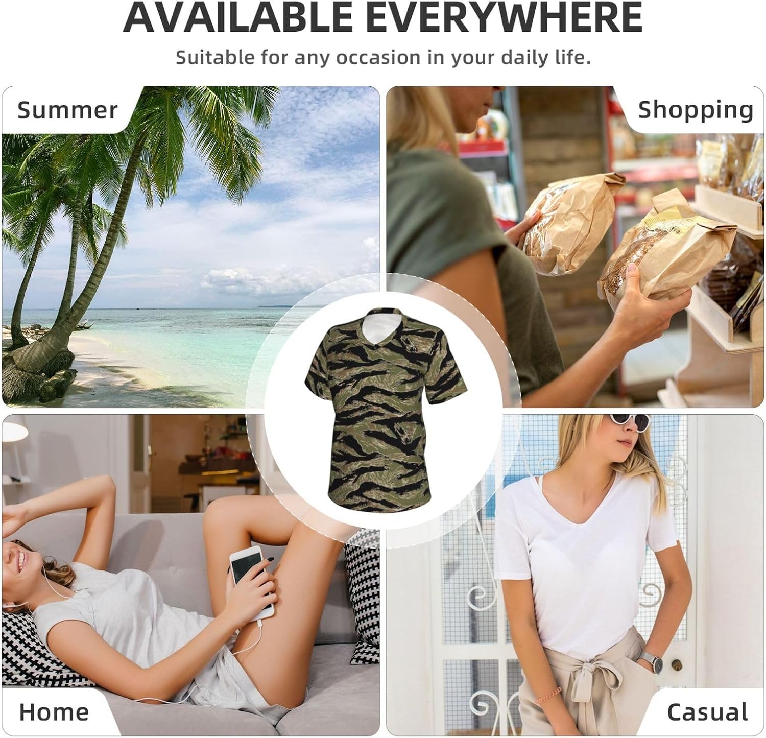 Women Casual Tiger Stripe Camo Print V-Neck T-Shirt Short Sleeve Summer Trendy Tops.