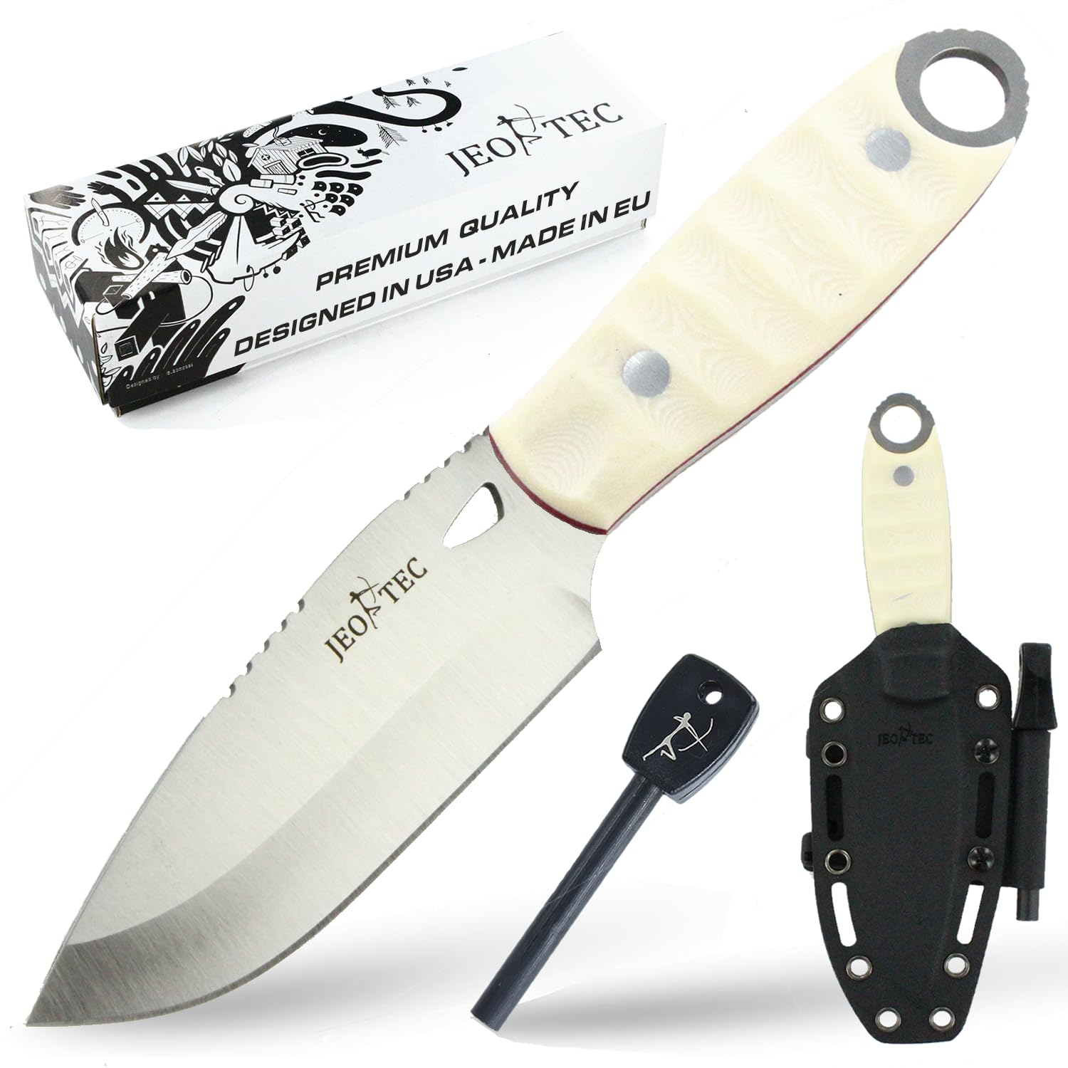 JEO-TEC Nº10 - Coltello Full-Tang a Lama Fissa per Bushcraft Sopravvivenza Pesca Caccia Campeggio, Lama di 10 cm Acciaio Inossidabile, Fodero, Ferrocerio, Handmade in Spain