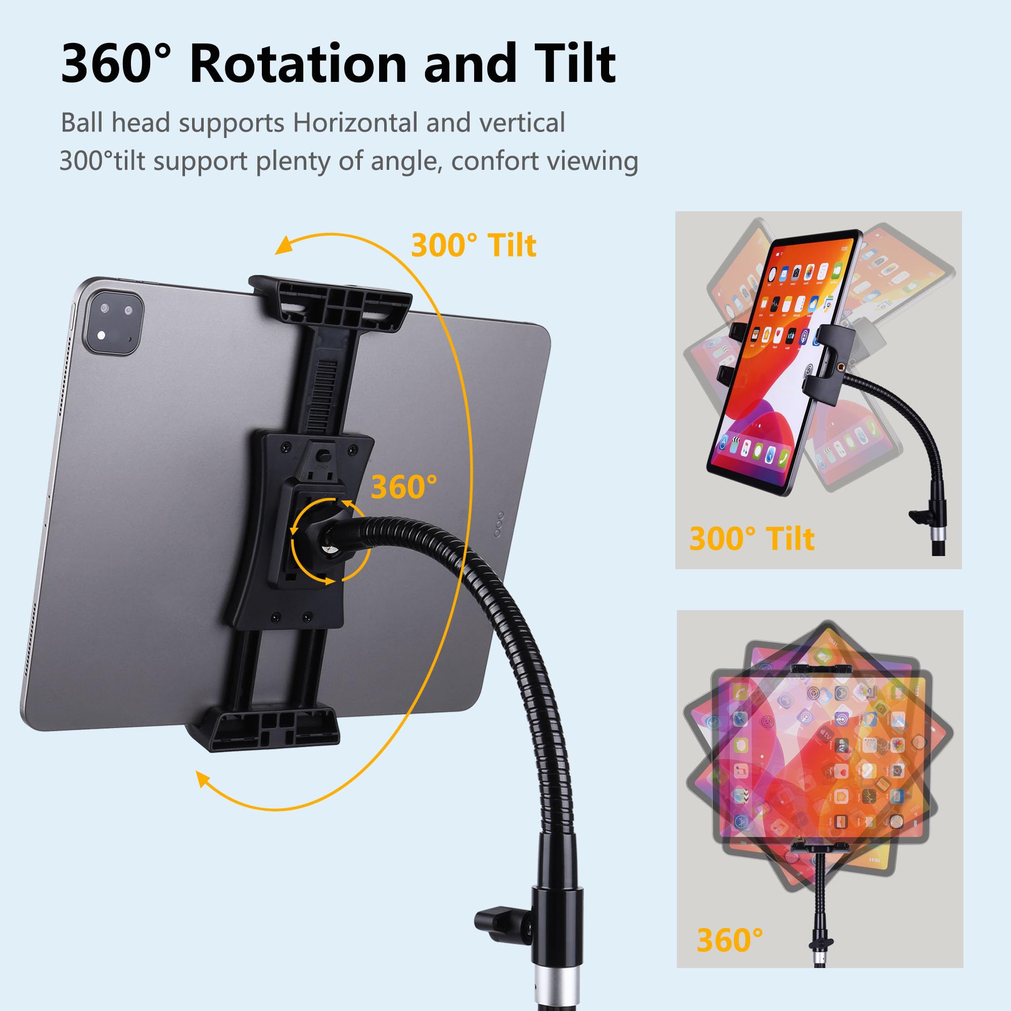 Statyw do iPada i telefonu 185.4 cm gęsia szyja tablet stojak podłogowy uchwyt uchwyt z pilotem do tabletów 3,5 do 15 cali iPhone, iPad Pro Air Mini 12,9 11 10,5, Galaxy Tab S9 ultra 37.1 cm,