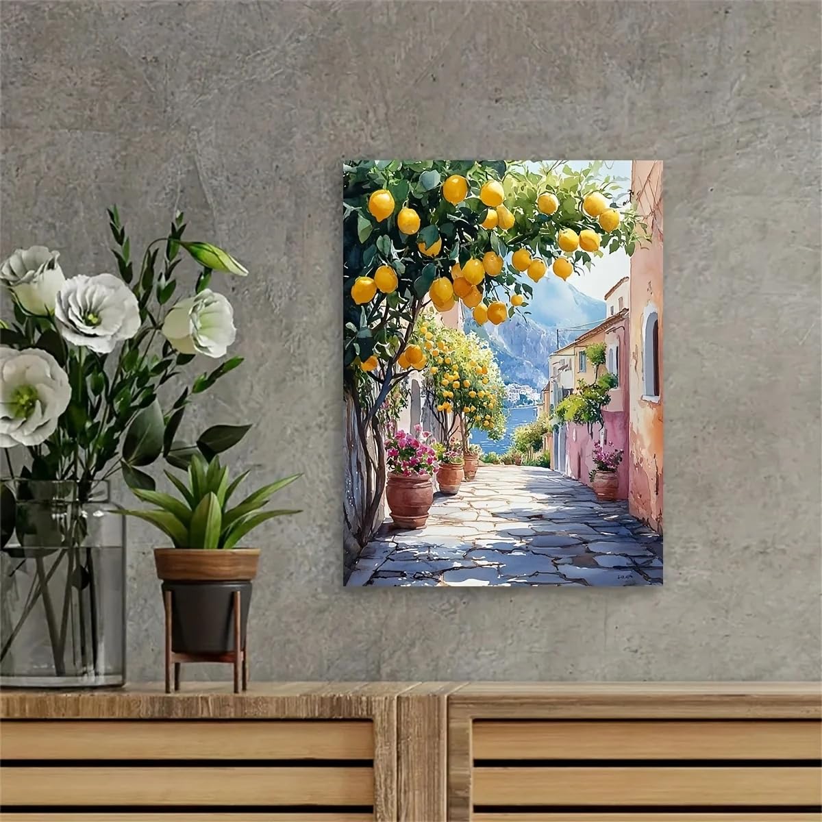 Lienzos impresos para pared con pintura de acuarela costera con limonero y paisaje urbano costero (70x100 cm/marco interno)