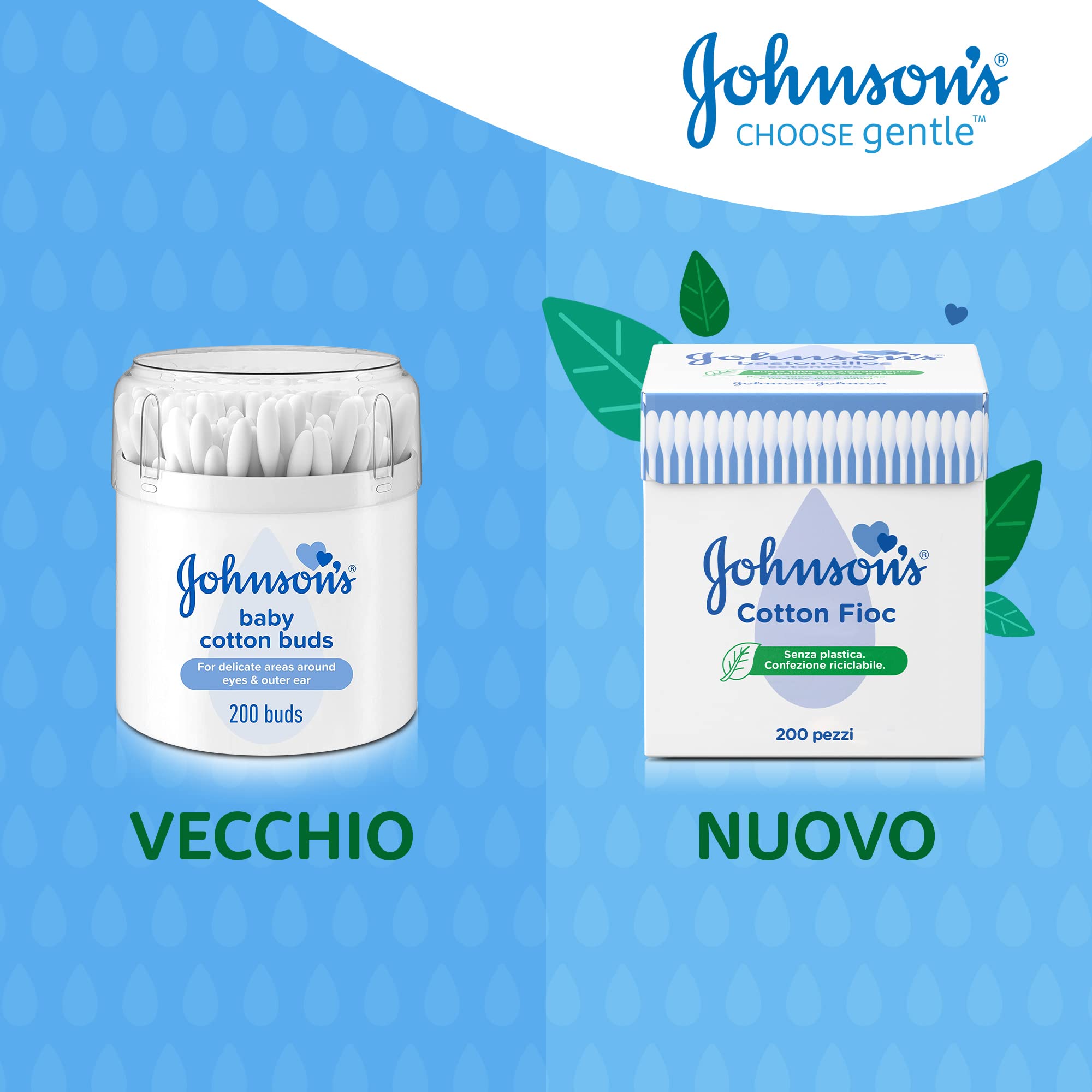 Johnson's Baby Cotton Fioc 200 Pezzi, Cotton fioc neonato e adulto morbidi e delicati, Bastoncini in carta e cotone ipoallergenici per la pulizia orecchie e contorno occhi e per il trucco