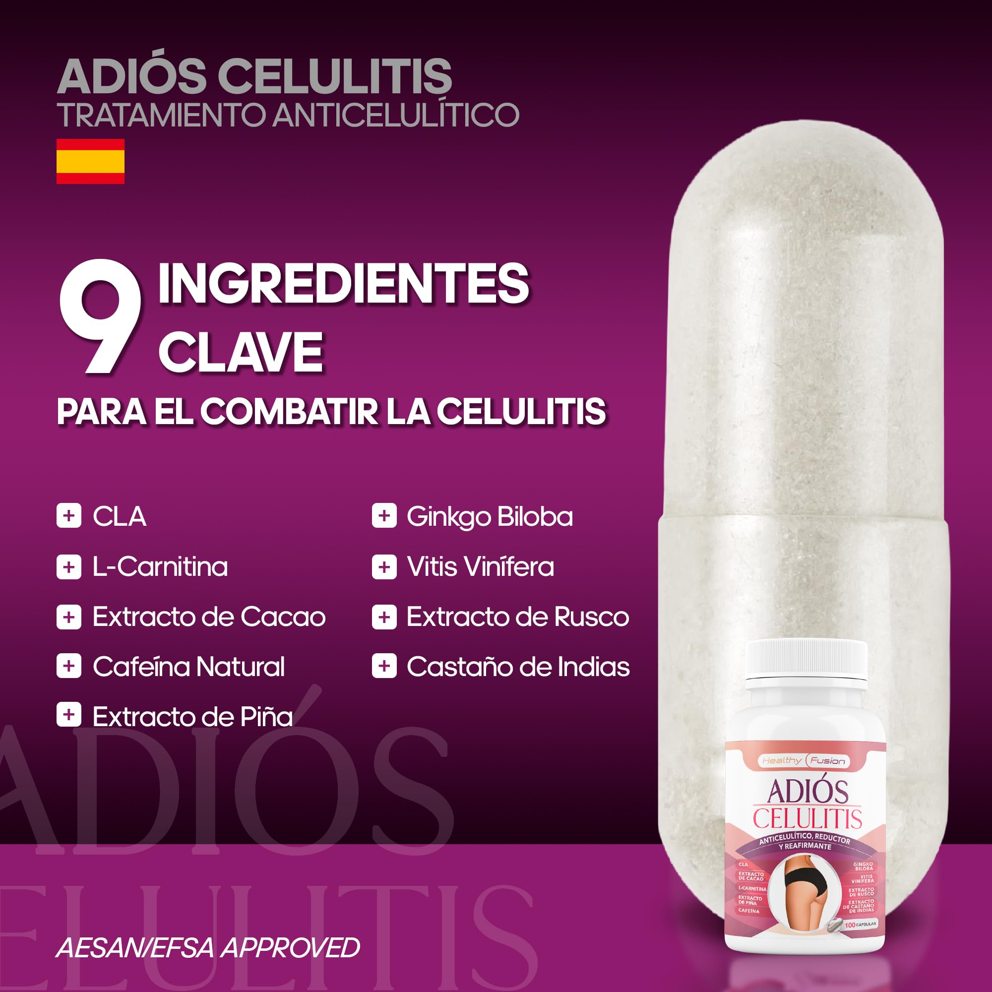 Adiós Celulitis Healthy Fusion | Anticelulítico Reductor Potente con L-Carnitina, Castaño de Indias, CLA, Cafeína, Cacao | Elimina celulitis y piel de naranja | Reafirma y tonifica la piel | 100 Caps