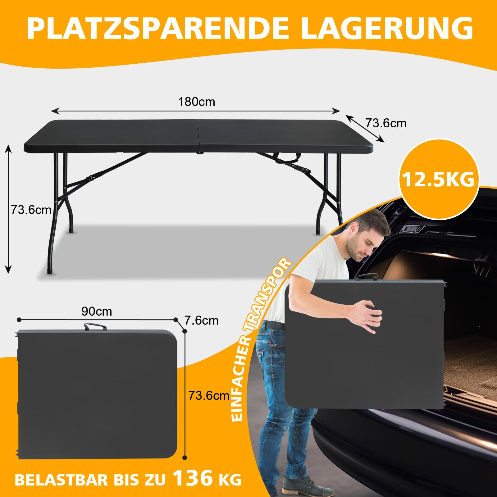 Klapptisch 180x74cm Kunststoff Klappbar Gartentisch Multifunktional Campingtisch mit Griff für BBQ, Camping, Party Schwarz