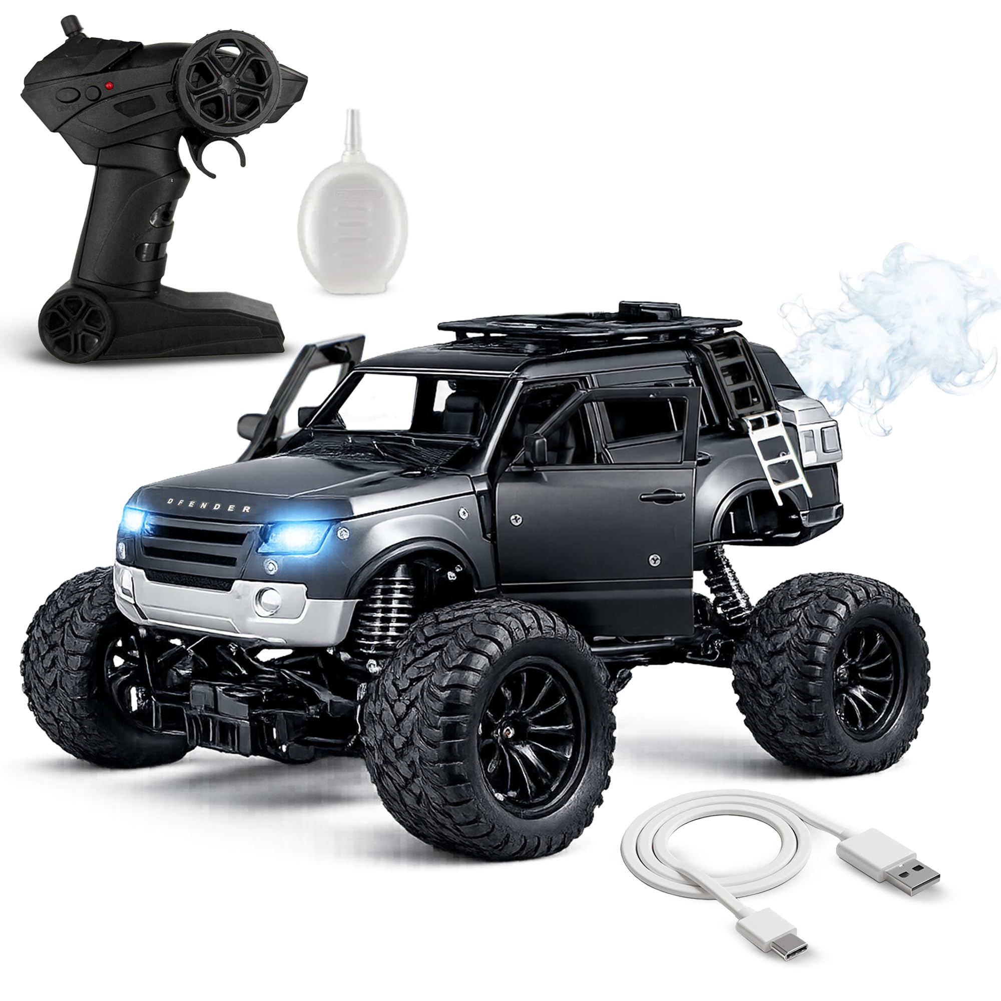 Wembley Defend Climbing Remote Control Car for Kids 4–12 Years, 1:18 RC Monster Truck 2WD with Dual Spray Smoke, LED Lights, 2.4GHz Long Range, Alloy Body Off Road Car, Type C Rechargeable SUV (Black)-image-30