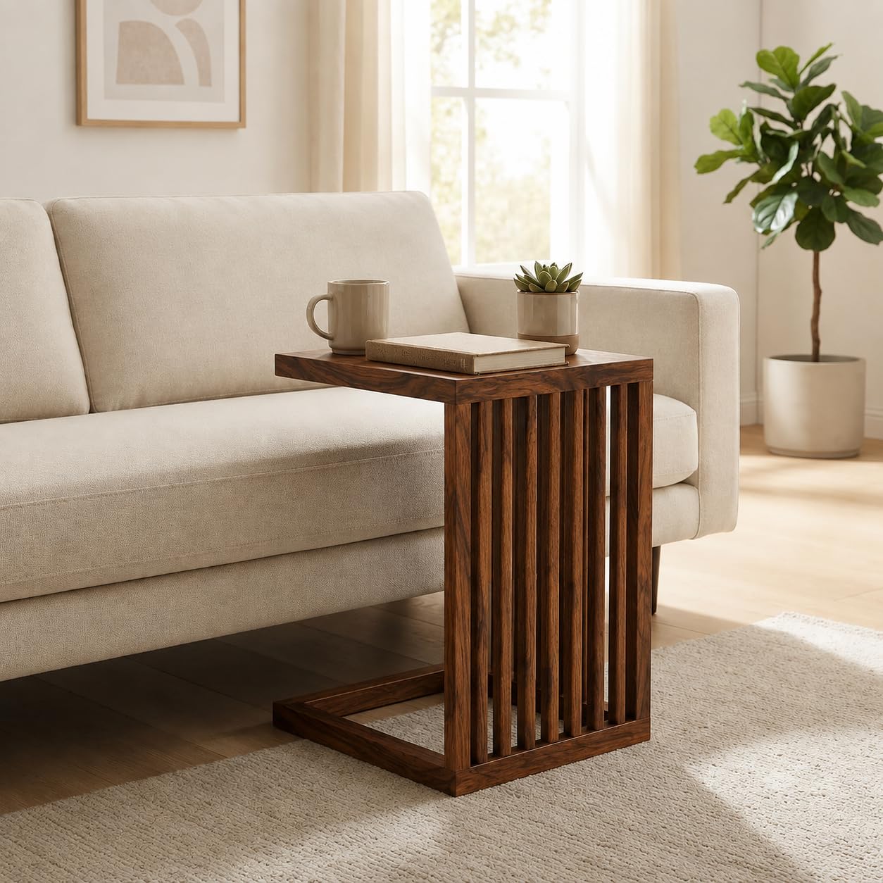 Solid Sheesham Wood C Shape Side Table for Living Room | Modern Sofa End Table | Wooden Laptop Table for Bed | Coffee & Snack Table | Bedside End Table | Natural Brown Finish-image-38