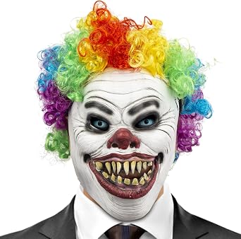 PartyHop Clown Mask with Wig Moving Jaw Latex Full Head Scary Horror Mask Fancy Dress for Halloween Carnival Costume Party