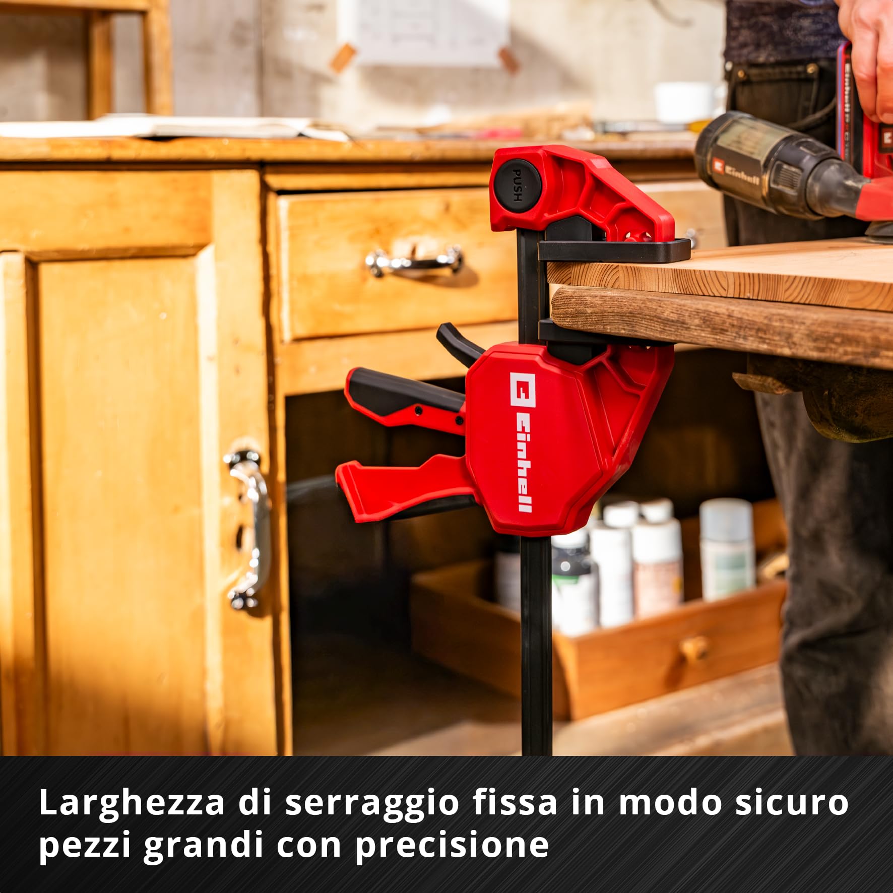 Einhell Set morsetti 2x90cm (Sgancio rapido, apertura 900 mm, forza 150 kg, espansione, profondità, conversione senza attrezzi, impugnatura gommata)