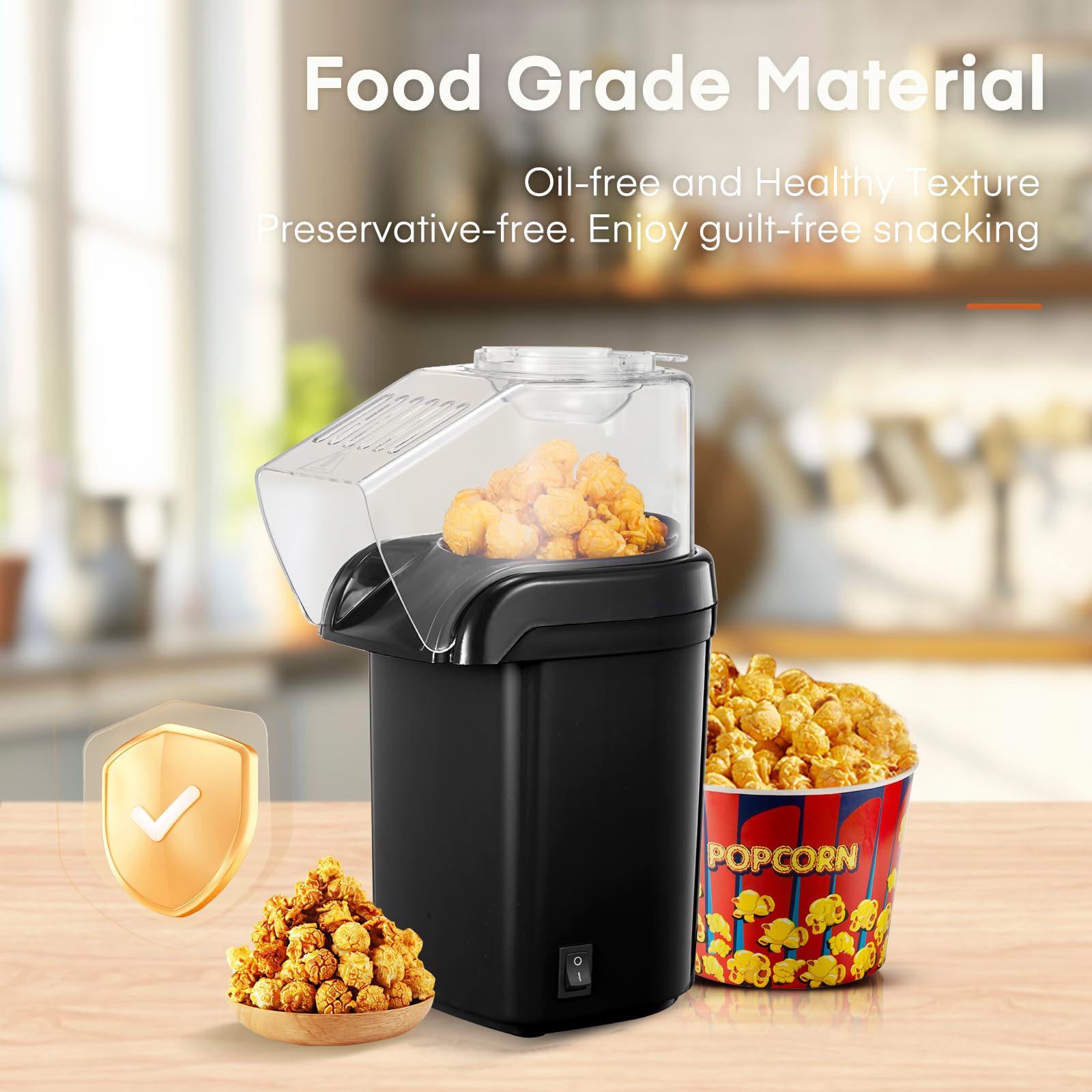Popcornmachine, 1200 W, hetelucht-popcornmaker voor thuis, vetvrij, met maatbeker en afneembaar deksel, BPA-vrij