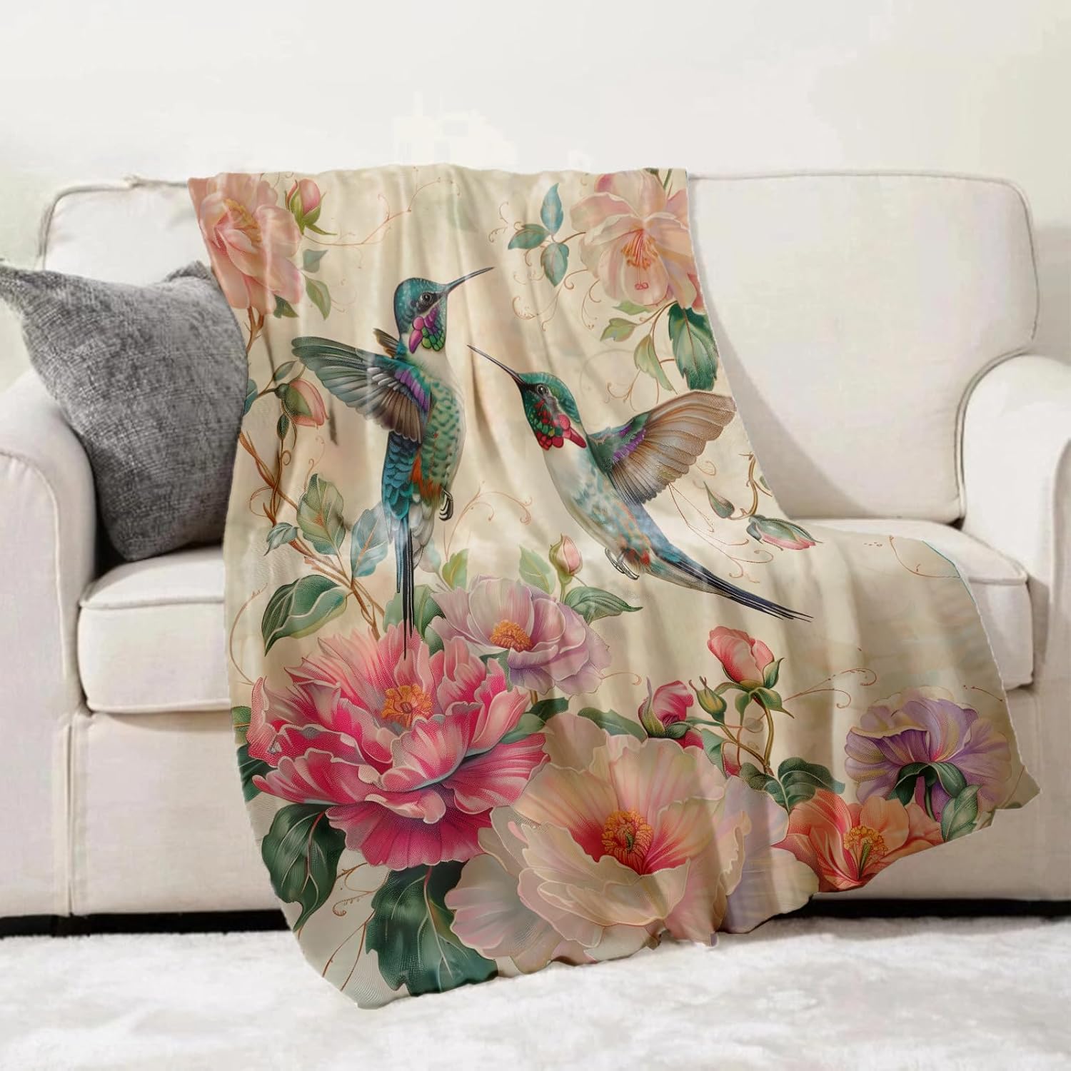 Hummingbird Floral Throw Blanket, Vintage Flower Bird Blankets Gifts for Kids Women, Throw for Home, Couch, Bedroom, Living Room Decor, Fuzzy Warm Flannel Plush 50"x60"