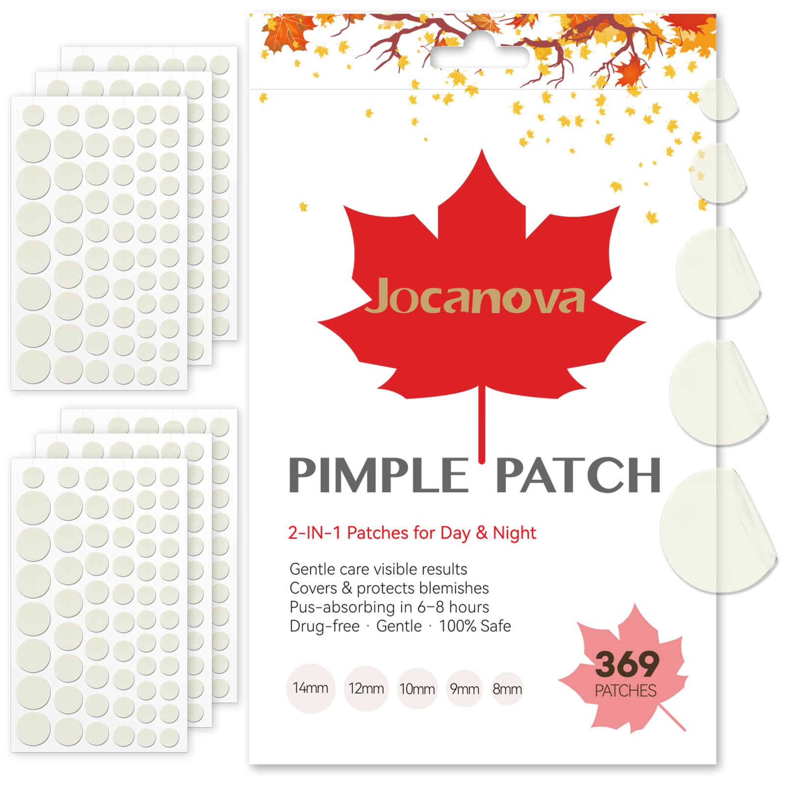 Jocanova Hydrocolloid Patches for Face, 369 Count Blemish Patch, 5 Sizes (8/10/12/14/16mm) – Cute Spot Stickers for Precise Fit, Provides Effective Coverage Facial Stickers