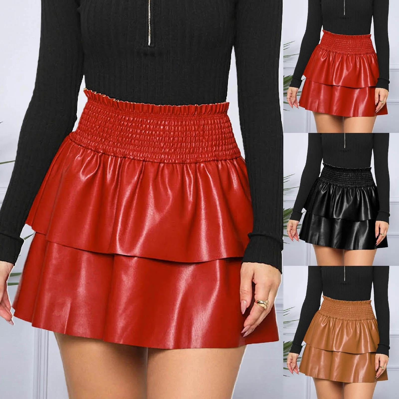 Falda Mujer Larga Cintura Alta Elástica Plisada Skirt Falda De Mujer Hinchada De Doble Capa con Volantes De Cintura Alta Falda Plisada