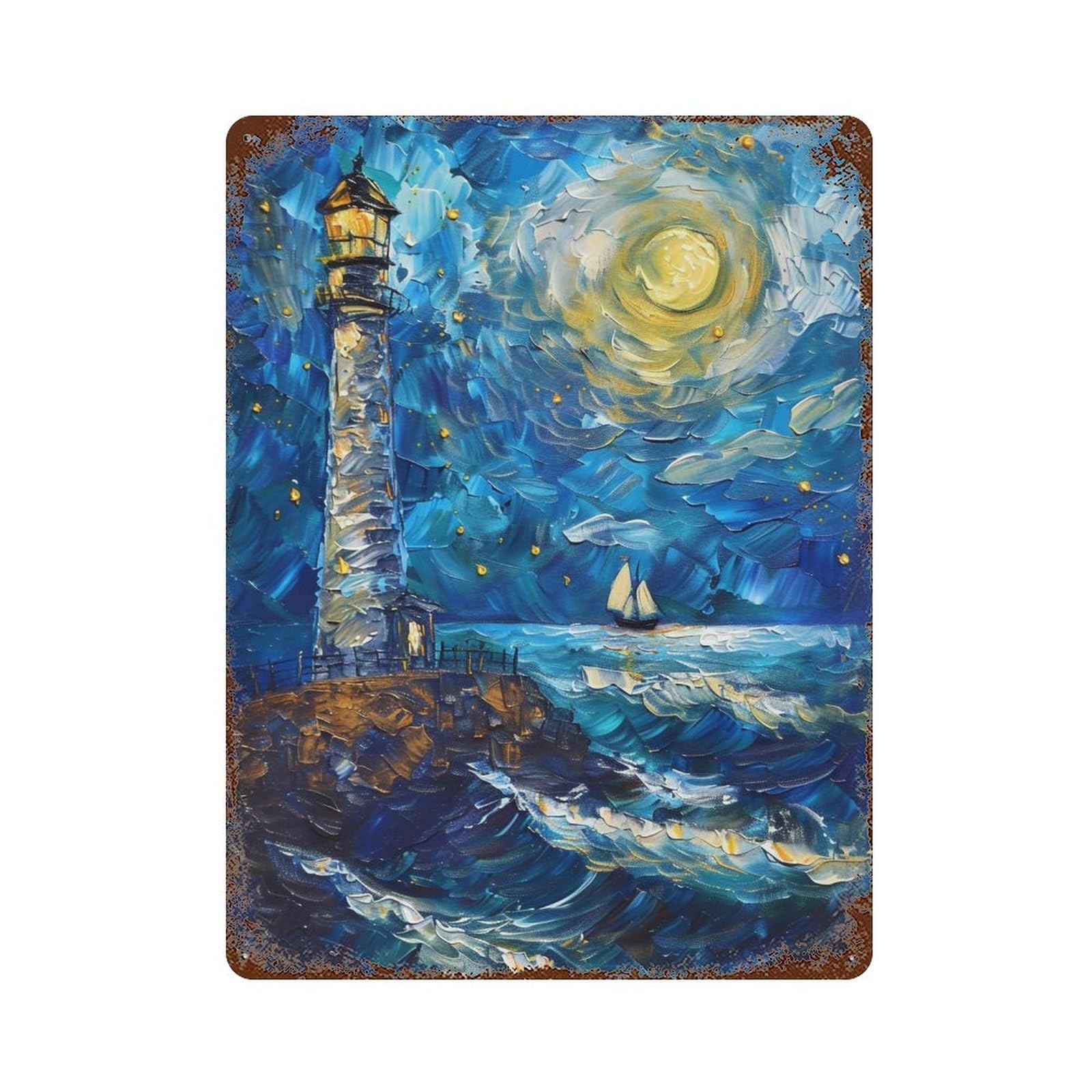 YHGERTKU Starry Night Style Lighthouse Ocean 03 Wall Art Retro Iron Vintage Metal Tin Sign Poster Modern Decor for Living Rooms Gift 40x30cm
