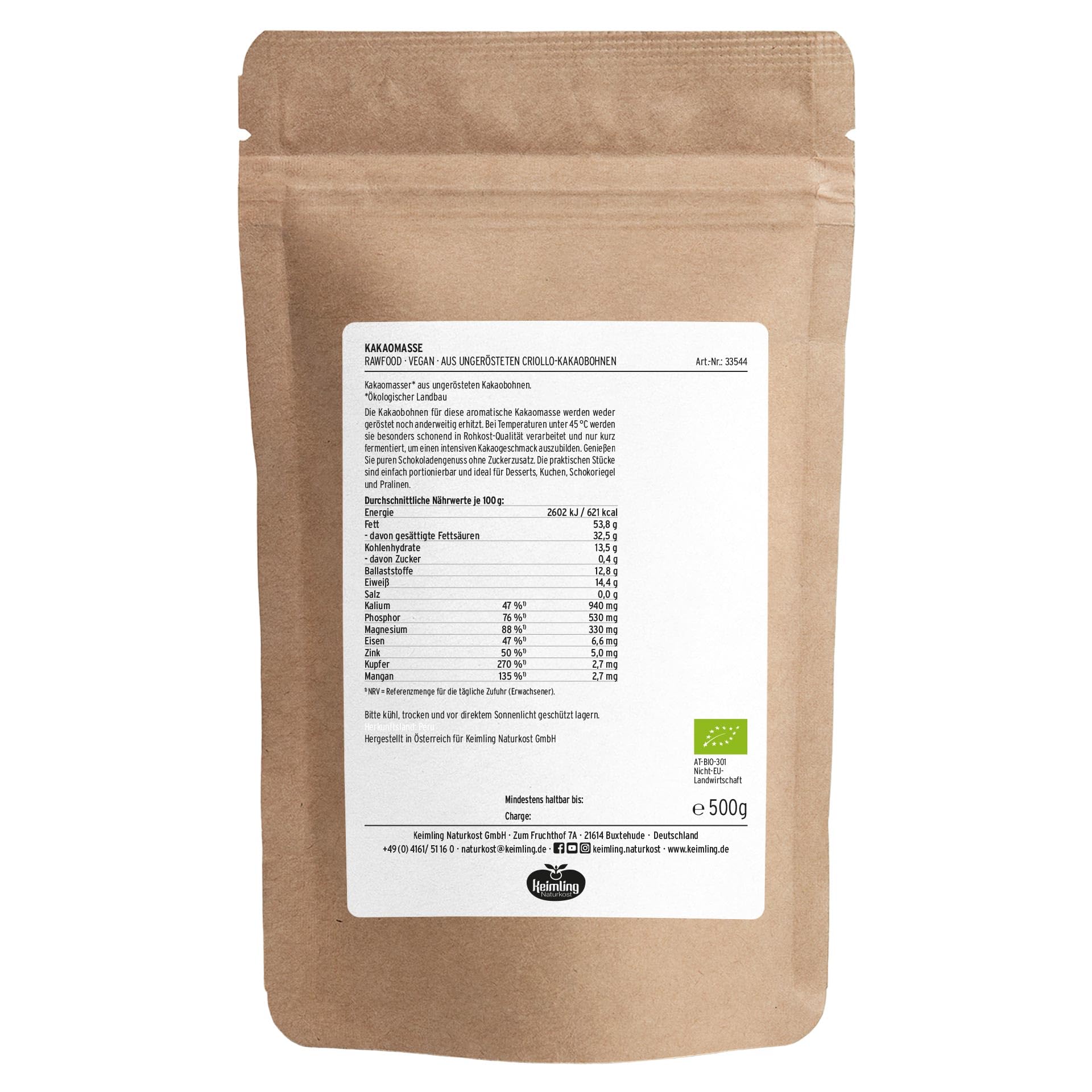 Keimling Bio Kakaomasse 500g Rohkakao Drops ungesüßt ungeröstet 100% rein natürliches Superfood