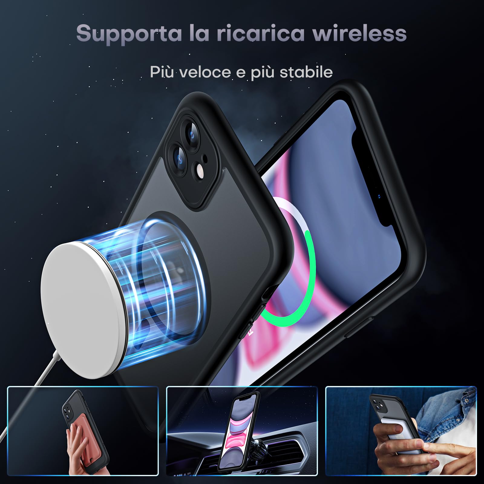 TOCOL Cover Magnetica per iPhone 11 6,1 Pollic, Compatibile con MagSafe, Protezione Fotocamera Integrata, Custodia Antiurto Traslucida Opaca, Nero