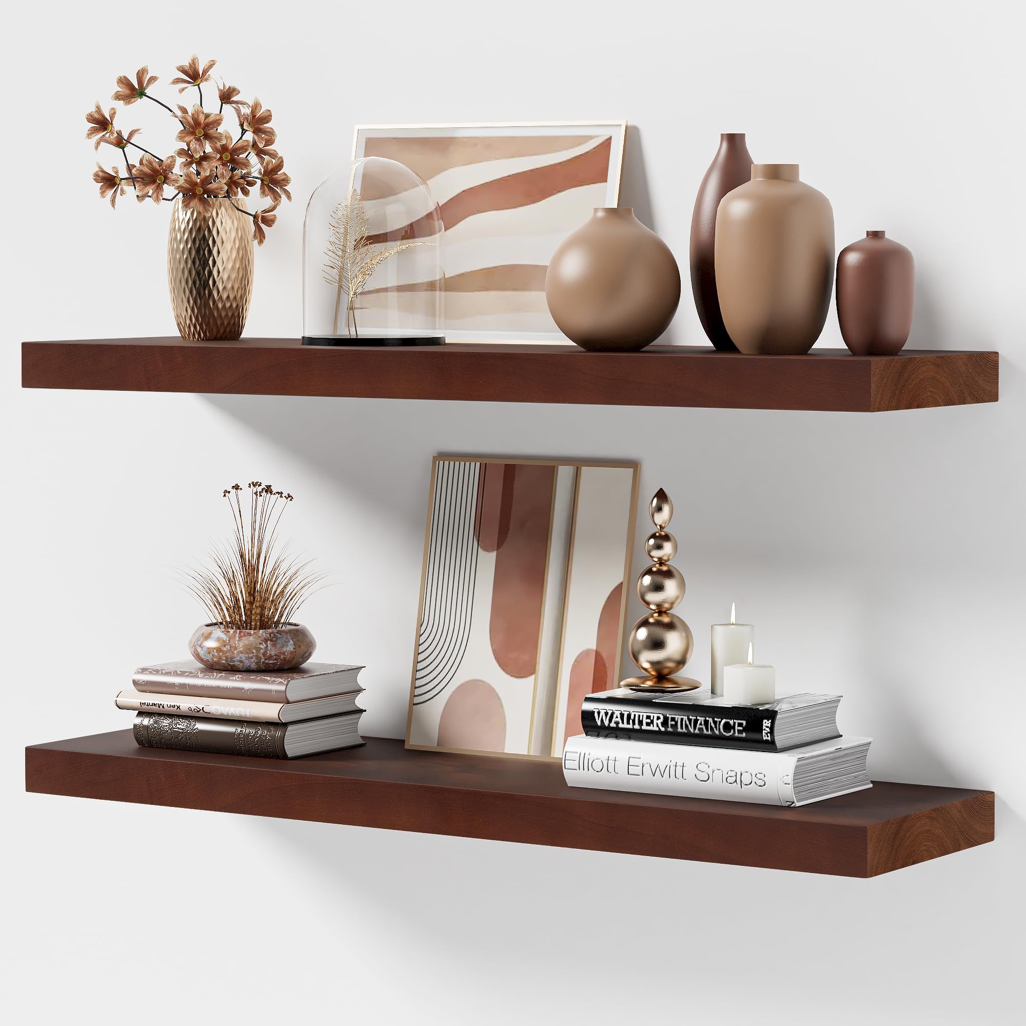 Marsmiles Floating Shelves for Wall - 36 Inch Wide x 8 Inch Deep Ash Wood Shelves Set of 2 - Rustic Floating Wood Shelves for Living Room Bedroom Bathroom