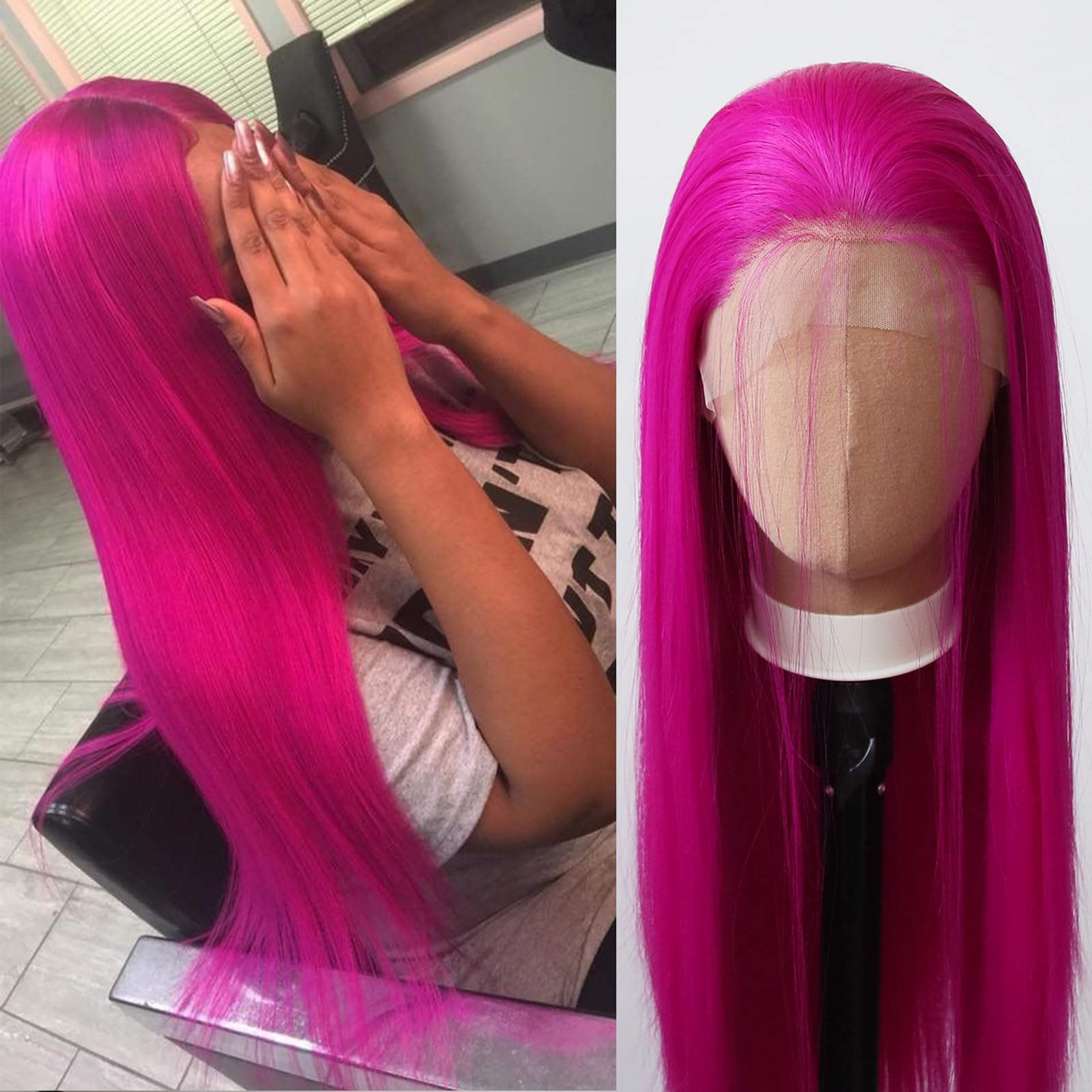 Long Straight Rose Red Wig Lace Front Synthetic Wigs for Women Hot Pink Synthetic Lace Front Wigs Pre Plucked Natural Hairline with Baby Hair Cosplay Daily Wear Wig (Rose Red)