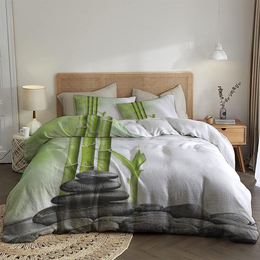 NIBAINLO 布団カバー禅石と竹 肌に優しい ピーチスキン加工 掛け布団カバー 和式 洋式 あったか 布団カバーセット リバーシブル ホームステイ ホテル 家庭兼用
