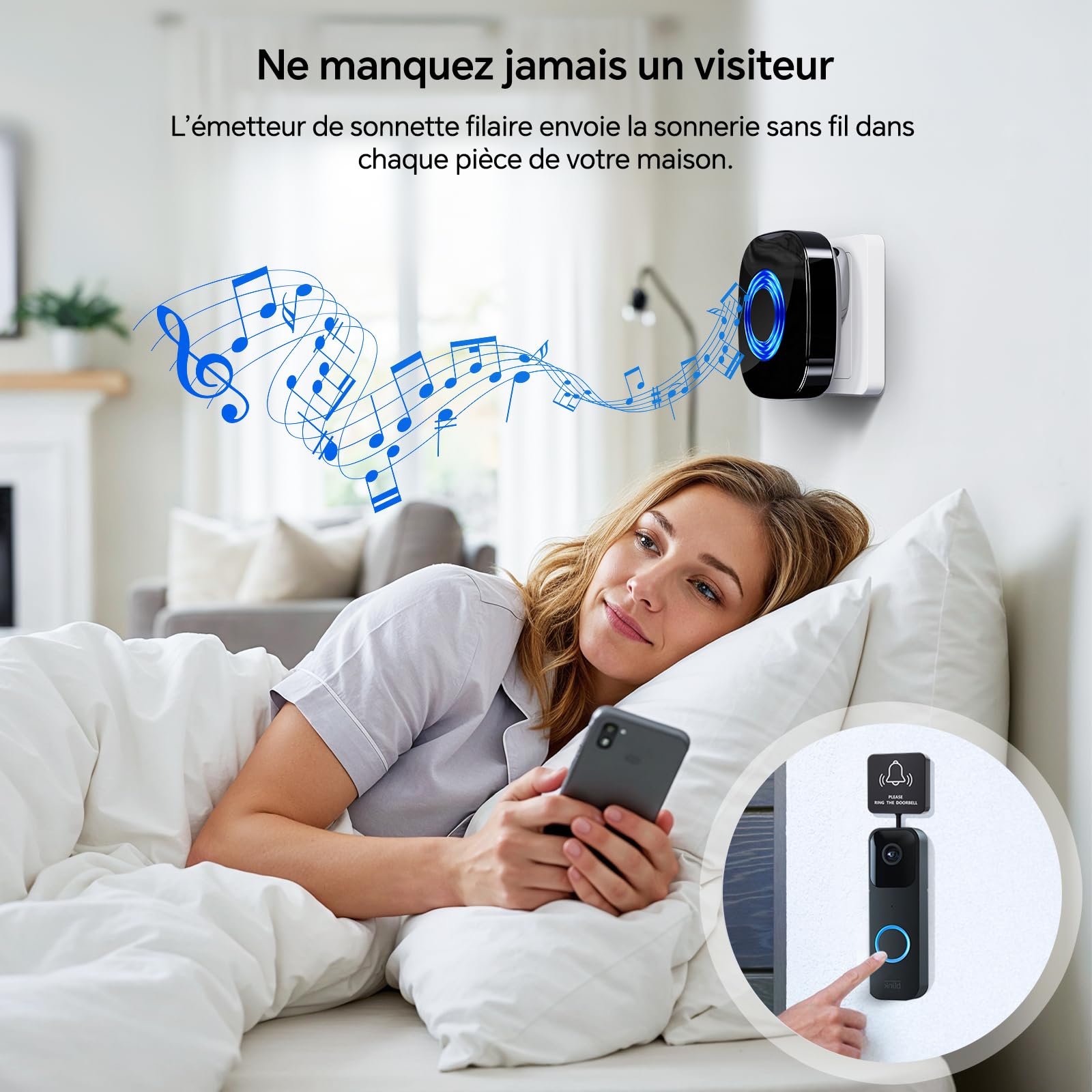 PHYSEN Relais de Signal Sans Fil, WET03B kit d’Extension Carillon Sans Fil, Compatible avec Toutes les Sonnettes Blink, 58 Mélodies & 5 Niveaux de Volume, 1 Convertisseur et 1 Récepteur