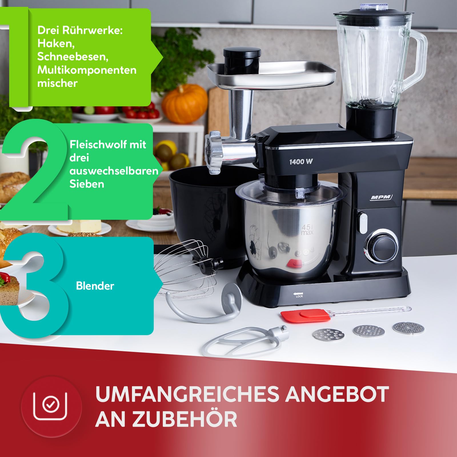 MPM Planetarna Maszyna Kuchenne MRK-24 – Wielofunkcyjny Mikser Kuchenny 4,5 l – Wszechstronne Urządzenie Kuchenne 1400 W – Dwie Misy – W zestawie Maszynka do Mięsa i Blender