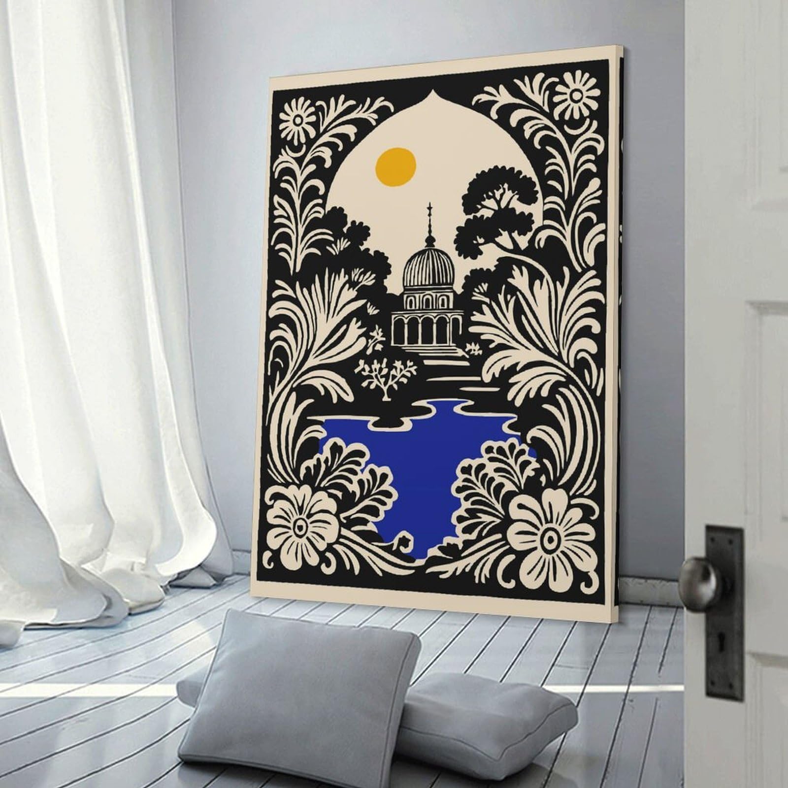 Junmoney Canvas Wall Decor Ornate Garden Temple Illustration, 24x36inch(60x90cm), for Gallery Wall Layouts in Home Or Office, Home Wall Art for Statement Displays