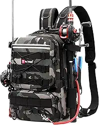 Dolodomy Mochila de pesca com suporte de vara, sacos de armazenamento de equipamentos de pesca, caixa de equipamento de pesca, mochila para equipamentos de pesca, Camo cinzento, 9.8inx7.8inx16in