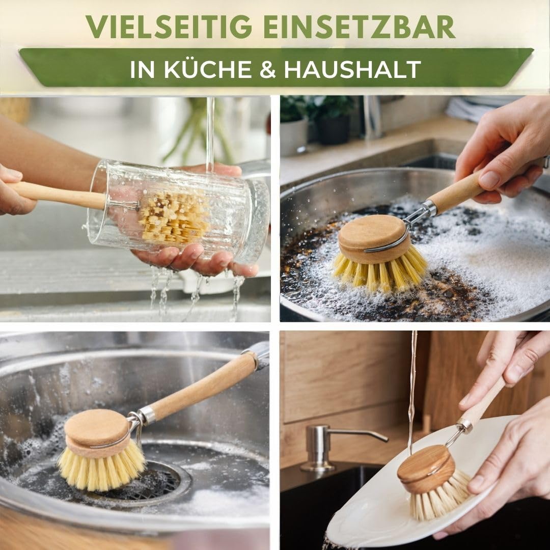 Cepillo de madera para platos con cabezal intercambiable, juego de 4, 2 cabezales de repuesto de cerdas naturales, cepillo sostenible para platos y cepillo de lavado, cepillo de cocina de madera