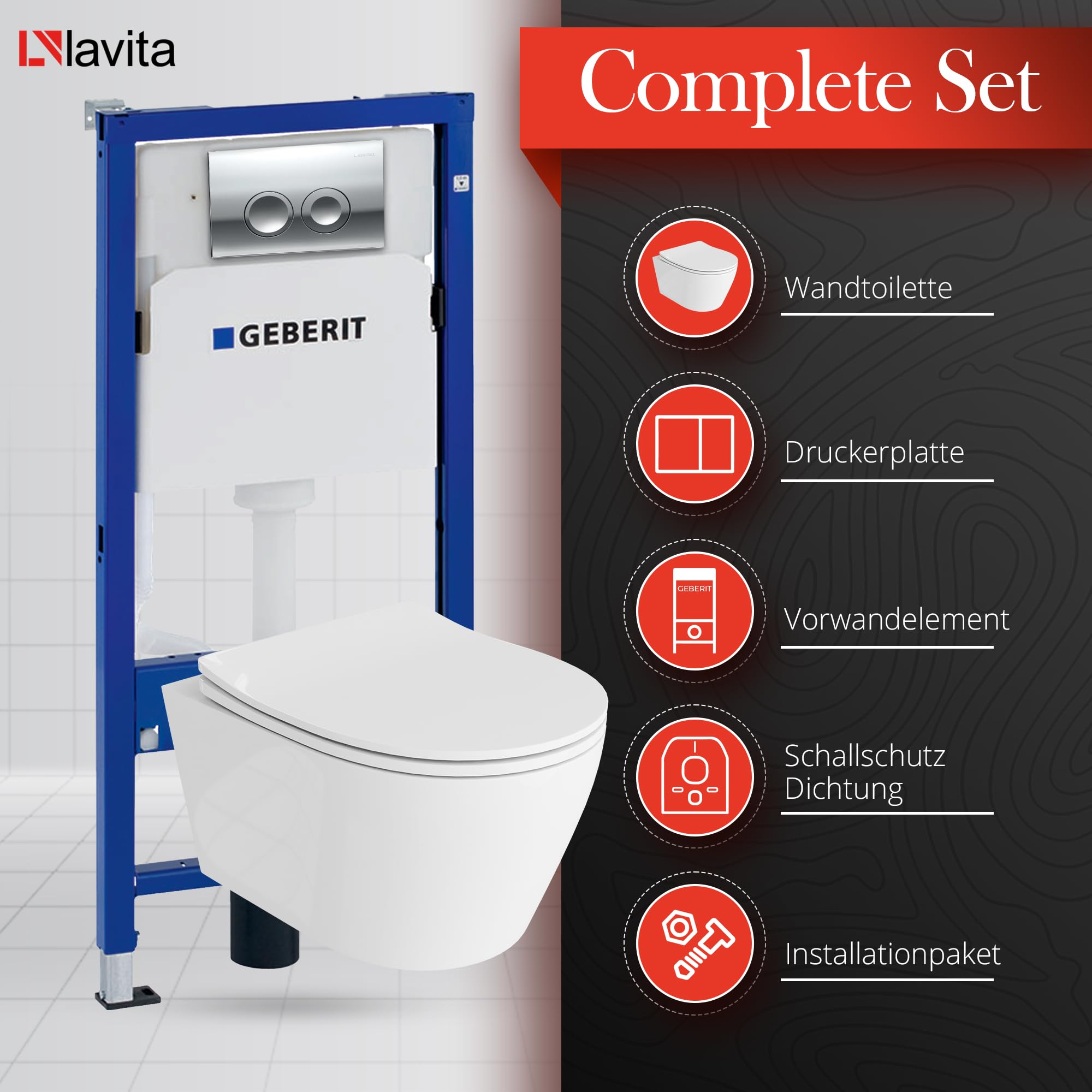 Lavita Duofix Basic Vorwandelement + Wand Tiefspül WC Praia Weiß Spülrandlos + WC Sitz + Bedienplatte Delta 25 Verchromt Knop| Komplettset Unterputz Spülkasten Toilette Komplett Sett WC