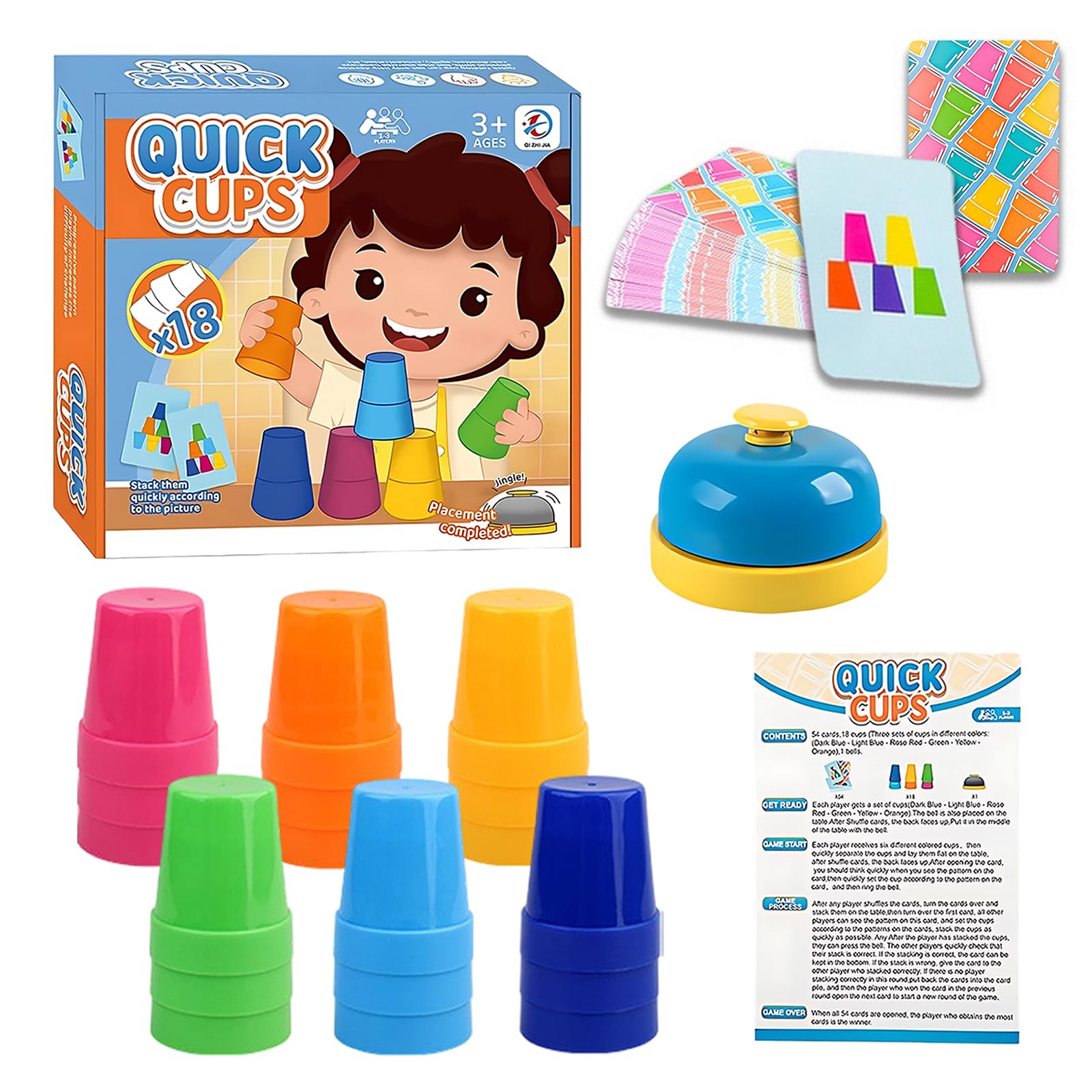 Set di gioco di impilamento di bicchieri sportivi,impilamento rapido di bicchieri per bambini e adulti,18 tazze di velocità ,54 carte,1 campanello,Interattivi Sfidas Velocità Manuale Giochi Tavolo