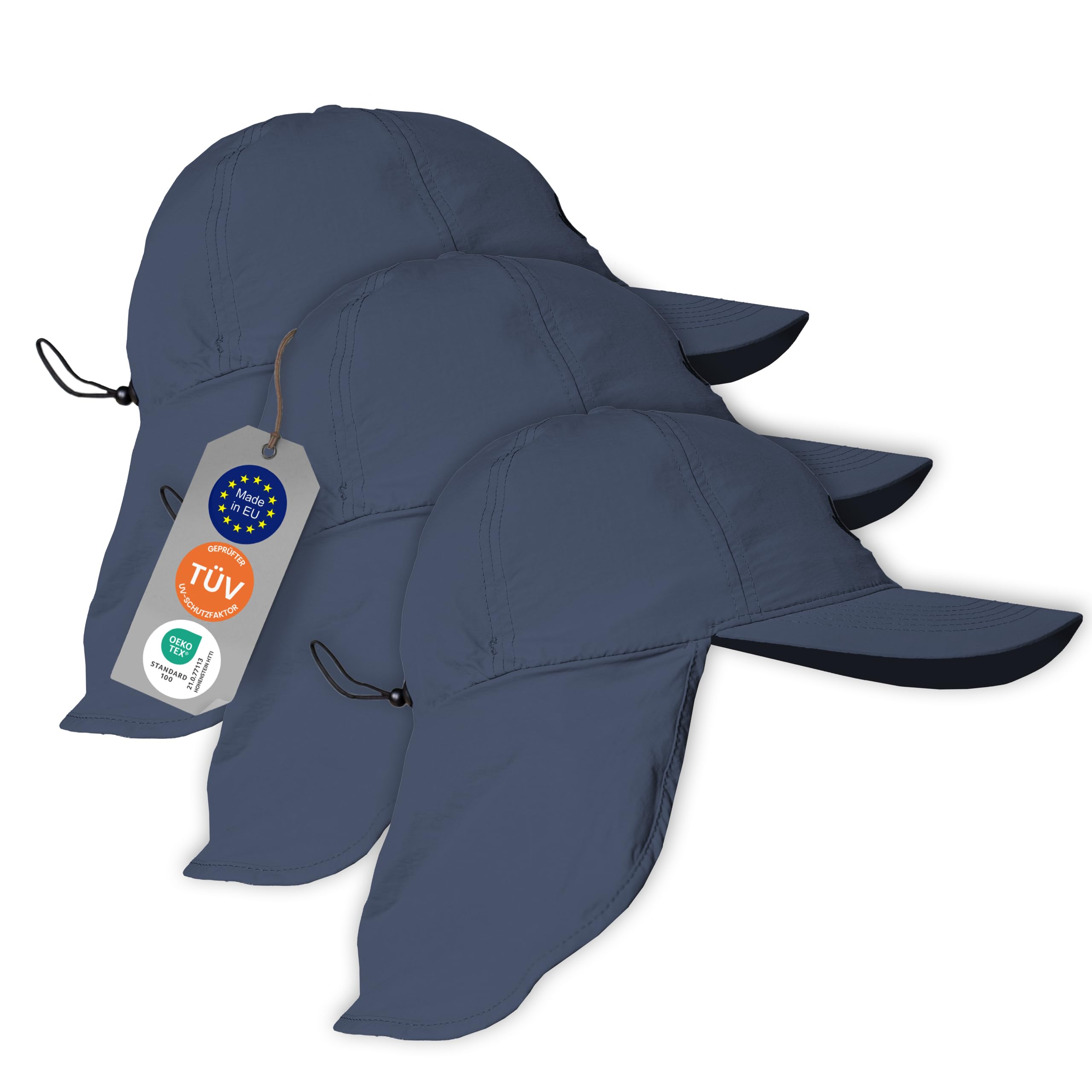 iQ-UV Schutzkappe mit Nackenschutz Unisex UPF 50+ - 3er Pack Blau 55-61cm | Atmungsaktive Cap - TÜV geprüft - für Herren und Damen - Sonnenschutz für Kopf und Nacken - Mütze gegen UV-Strahlung