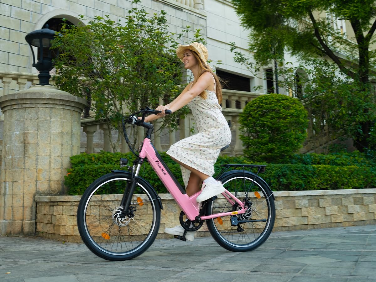 Velo Electrique Adulte 26/27.5 Pouces, VTC Électrique Homme Femme, Vélo Ville 7 Vitesses, Batterie Amovible 36V 12.8Ah, Autonomie 42KM, Suspension Avant, Freins à Disque, Feu LED Avant