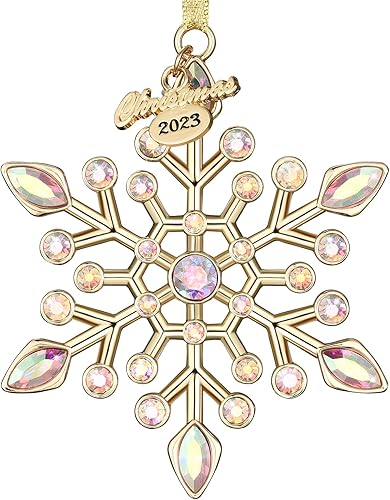 Venhoo Adornos navideños de copo de nieve 2023, diamantes de imitación metálicos colgantes con purpurina, copos de nieve, decoración de árbol de