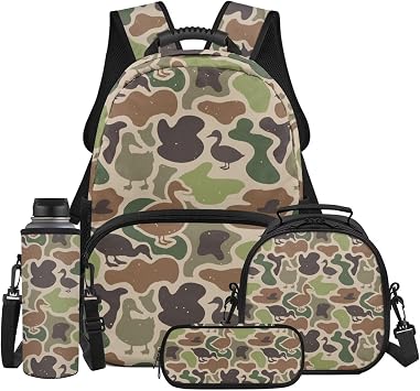Dreaweet Duck Camo Backpack for School Boys 8-12 with Lunch Box, Pencil Case and Water Bottle Sleeve, 4-Piece 17 Inch Lightweight Sturdy Bookbag for Elementary 3rd-6th Grade, Back to School Supplies