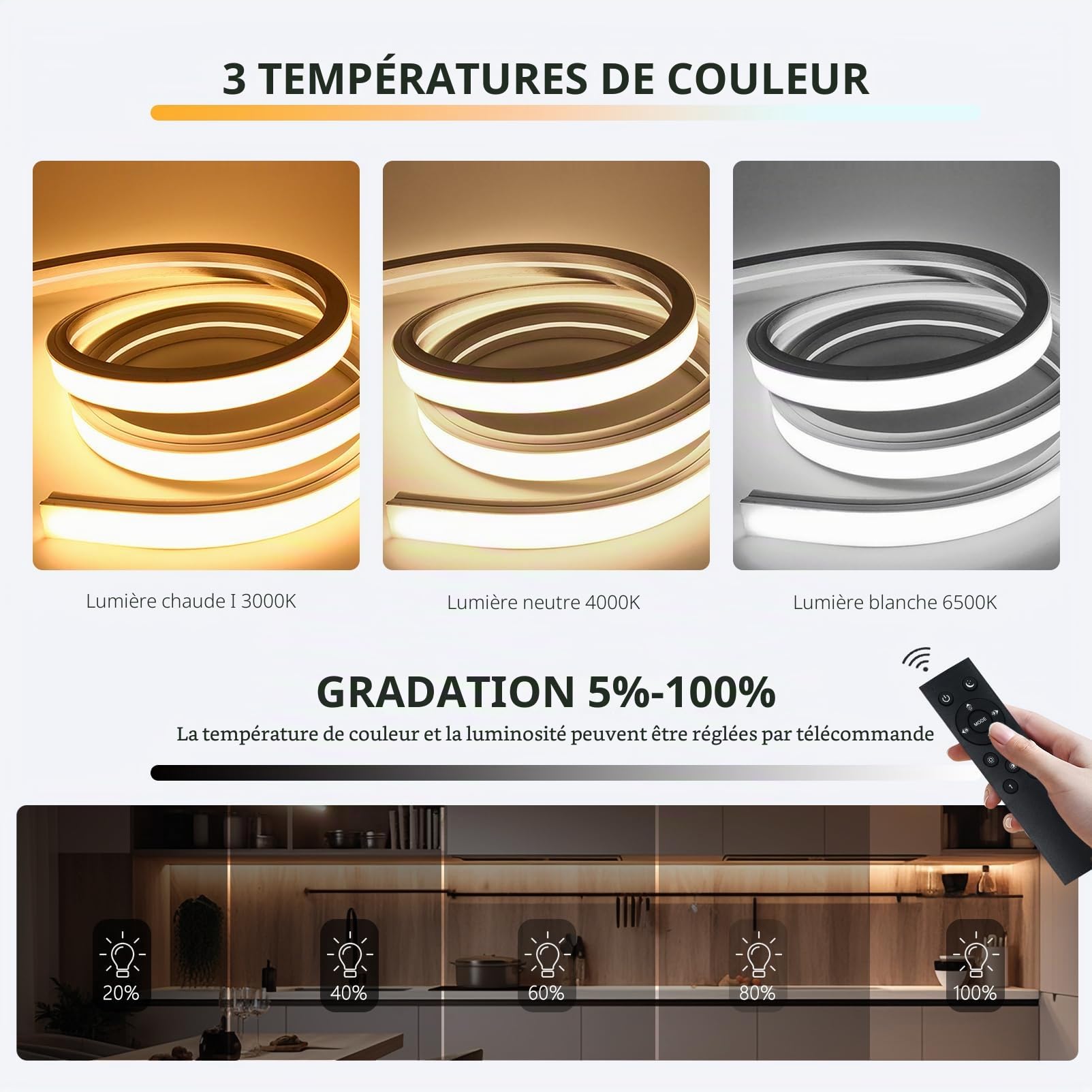 15m Neon Ruban LED Exterieur 220V Dimmable Blanc Chaud 3000K-Blanc Froid 6500K Silicone Néon Bandeau Led Etanche Ignifuger IP65 Bande Rubans à Led Flexible Découpable Avec Télécommande