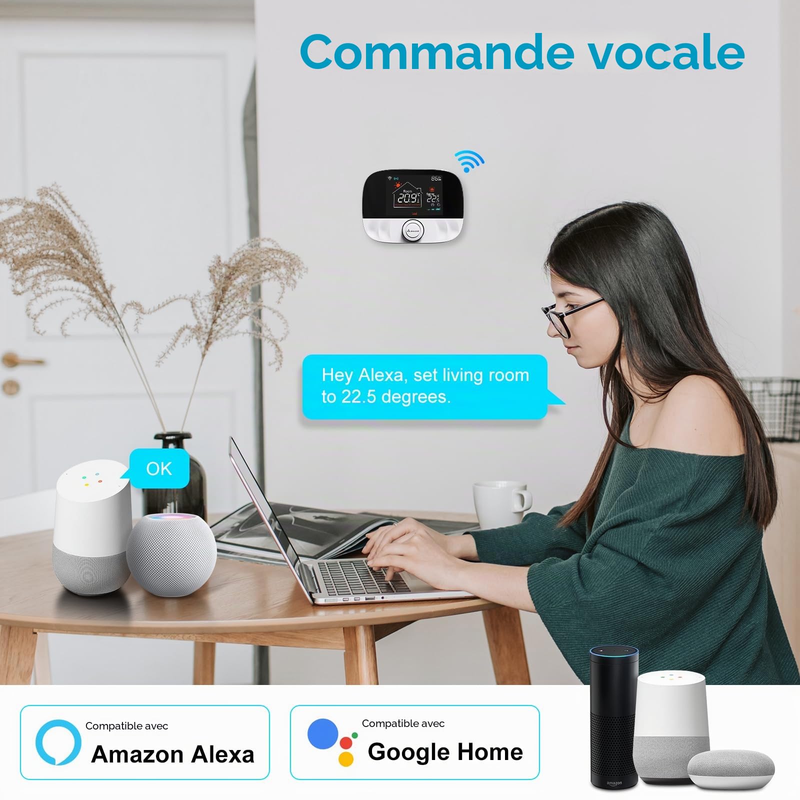 SALCAR Thermostat WiFi Intelligent pour chaudière à gaz, thermostate d'ambiance T9W RF de radiateur avec récepteur Tuya Programmable Mural Compatible avec Amazon Alexa et Google
