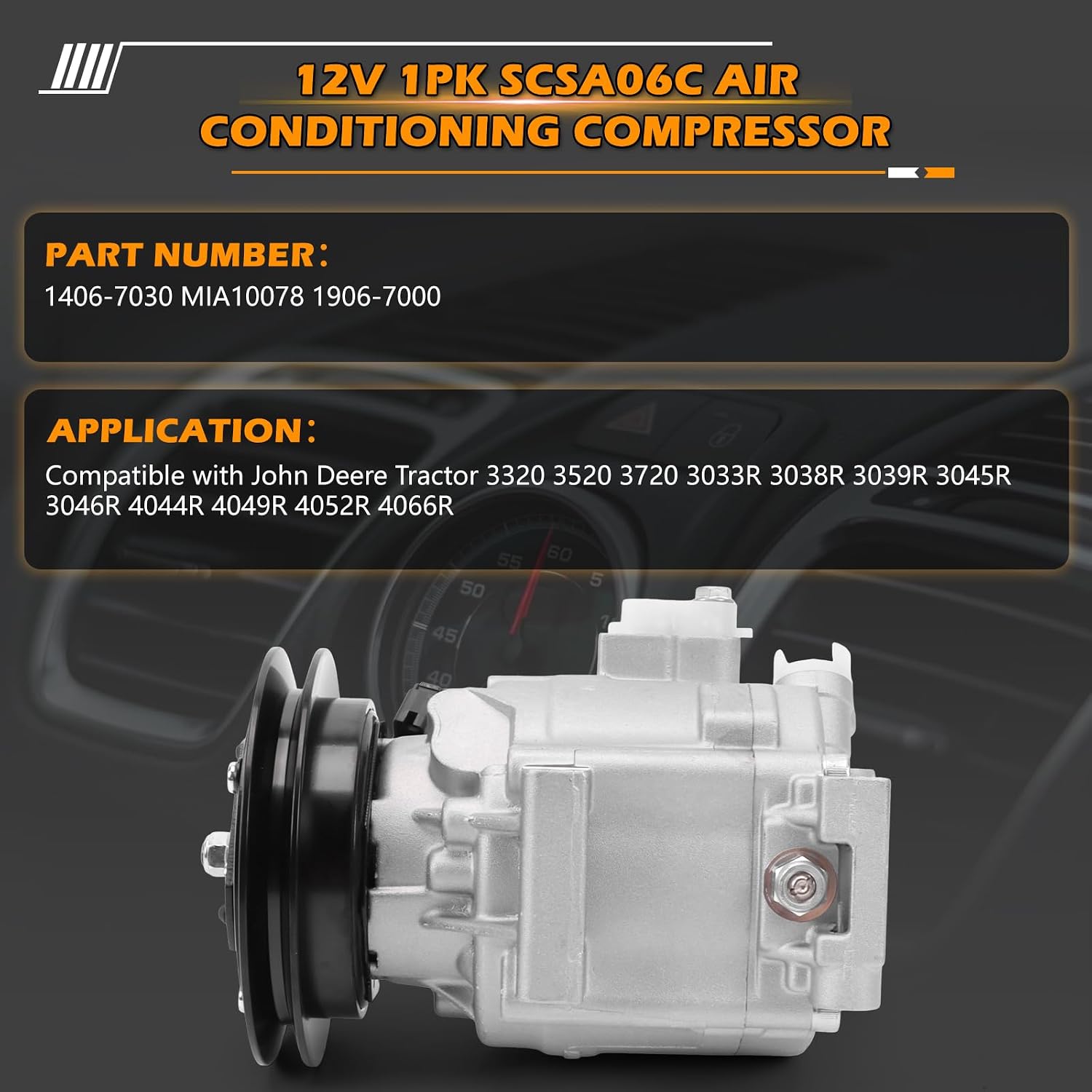 12V SCSA06C Air Conditioning Compressor 1406-7030 MIA10078 1906-7000 AC Compressor Compatible with John Deree Trator 3033R 3039R 3045R 3320 3520 3720 3046R 4044R 4052R Replacement Part