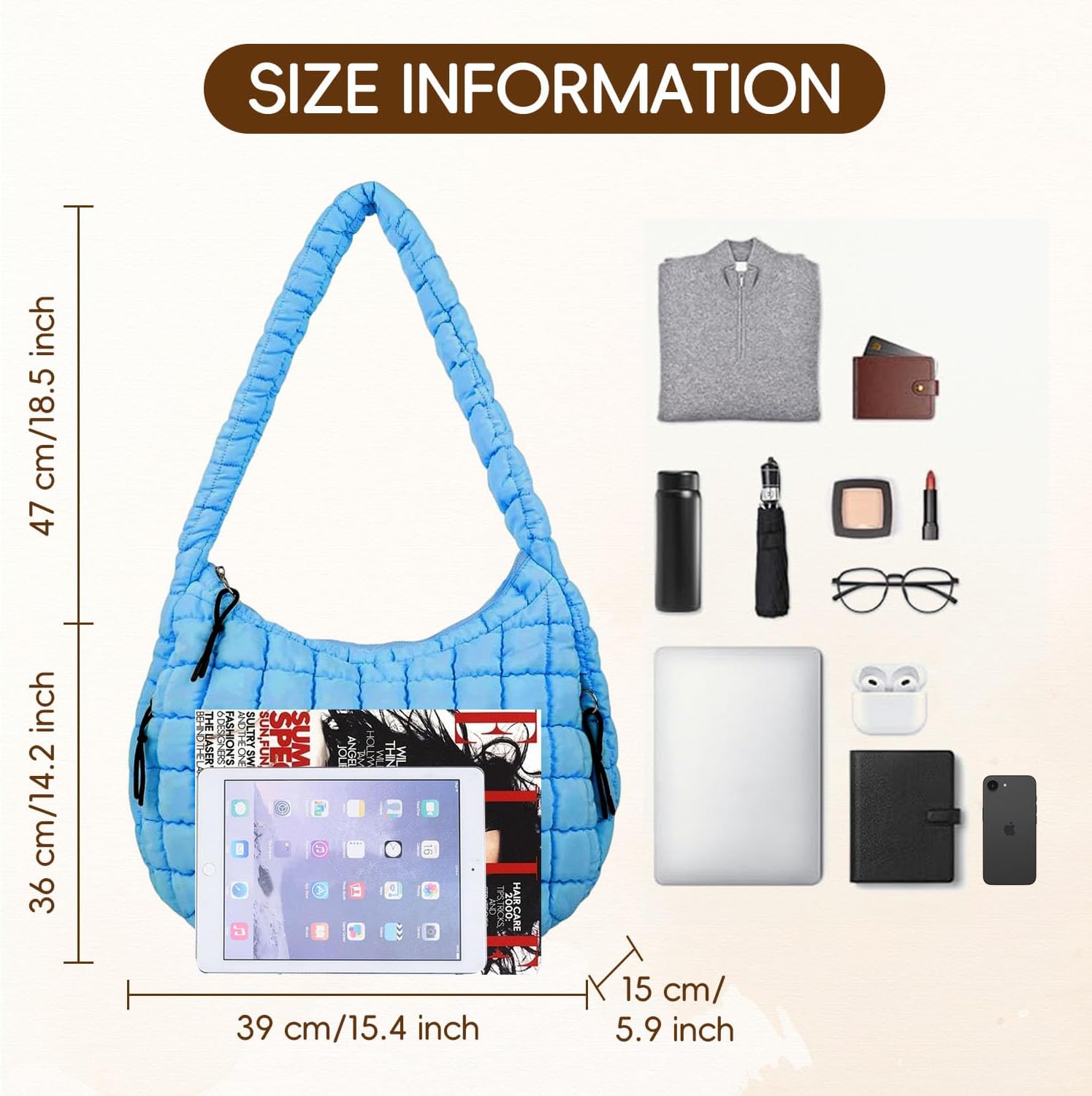 Quilted Tote Bag, Puffer Bag for Women, Large Puffy Shoulder Bag, Lightweight Checkered Purse, Soft Padded Hobo Bag - Image 3